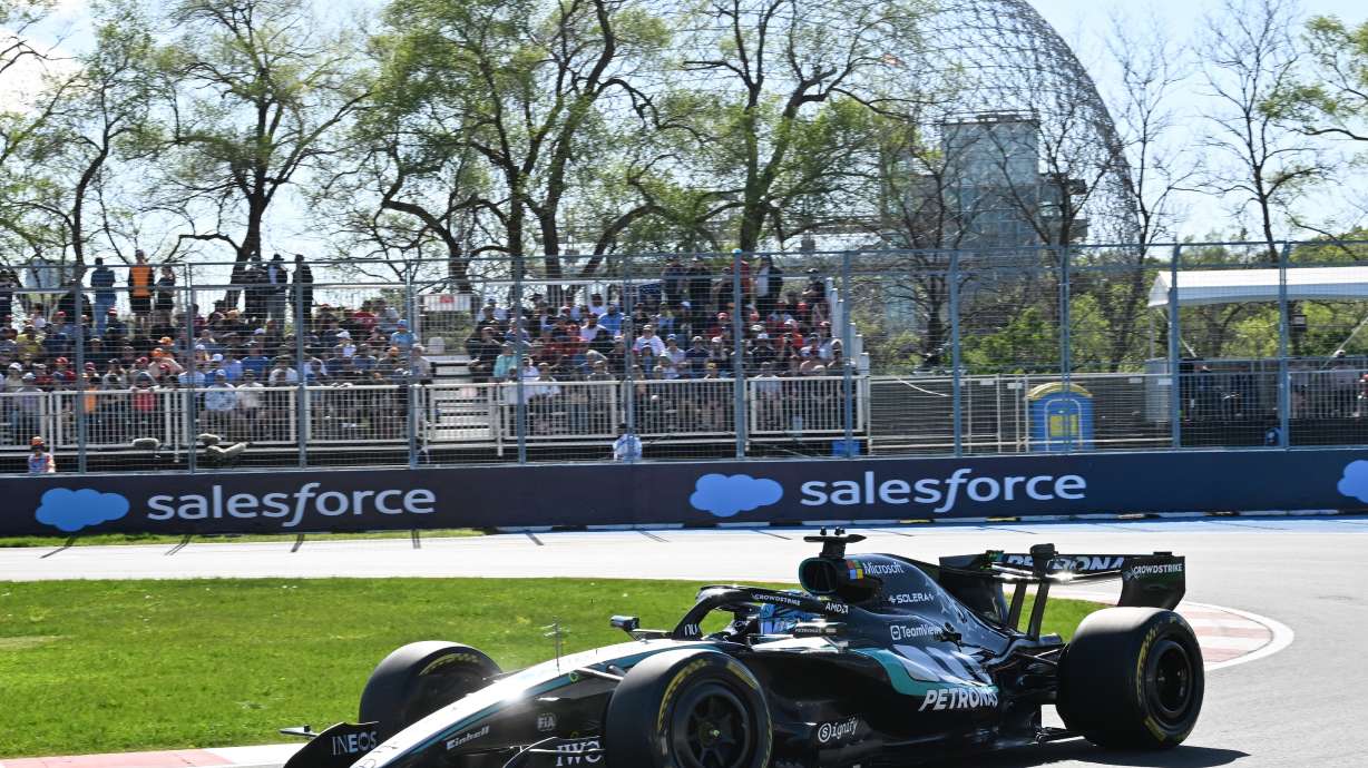 Mercedes driver George Russell of Britain drives during the qualifying session for the sprint race at the F1 Canadian Grand Prix auto race in Montreal, Friday, May 22, 2026.