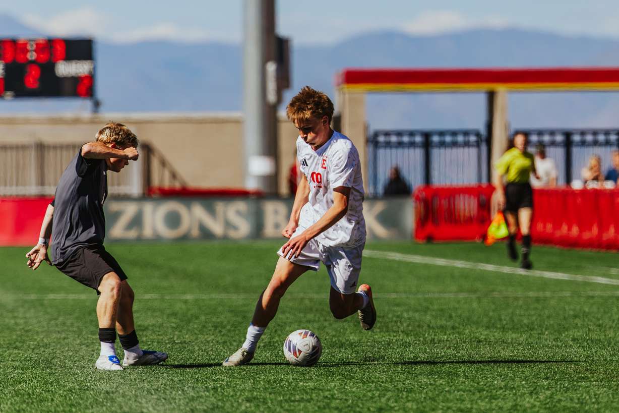 East's Teo Hummasti dribbles against a defender during the 4A championship match against Murray, Friday, May 22, 2026 at Zions Bank Stadium in Herriman.