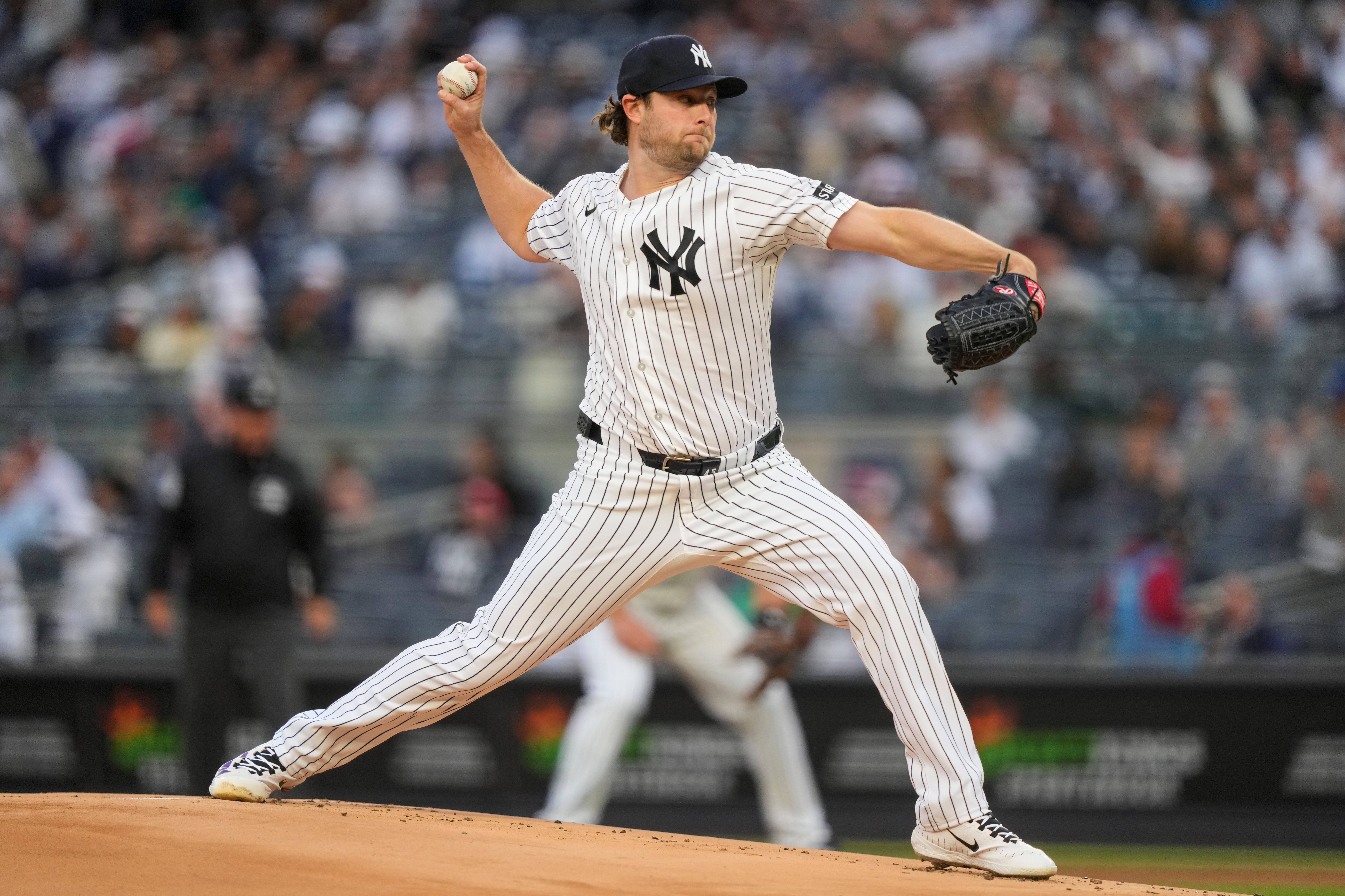New York Yankees pitcher Gerrit Cole throws during the first inning of a baseball game against the Tampa Bay Rays, Friday, May 22, 2026, in New York. 