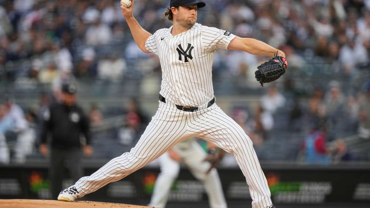 New York Yankees pitcher Gerrit Cole throws during the first inning of a baseball game against the Tampa Bay Rays, Friday, May 22, 2026, in New York.