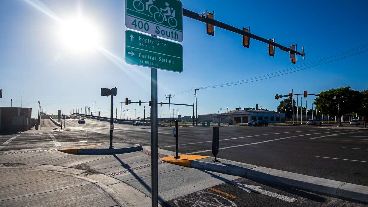 A 400 South Viaduct Trail sign is pictured in Salt Lake City on May 12. The trail was completed earlier this year, but a local business owner along the path is working on a petition to get it removed.