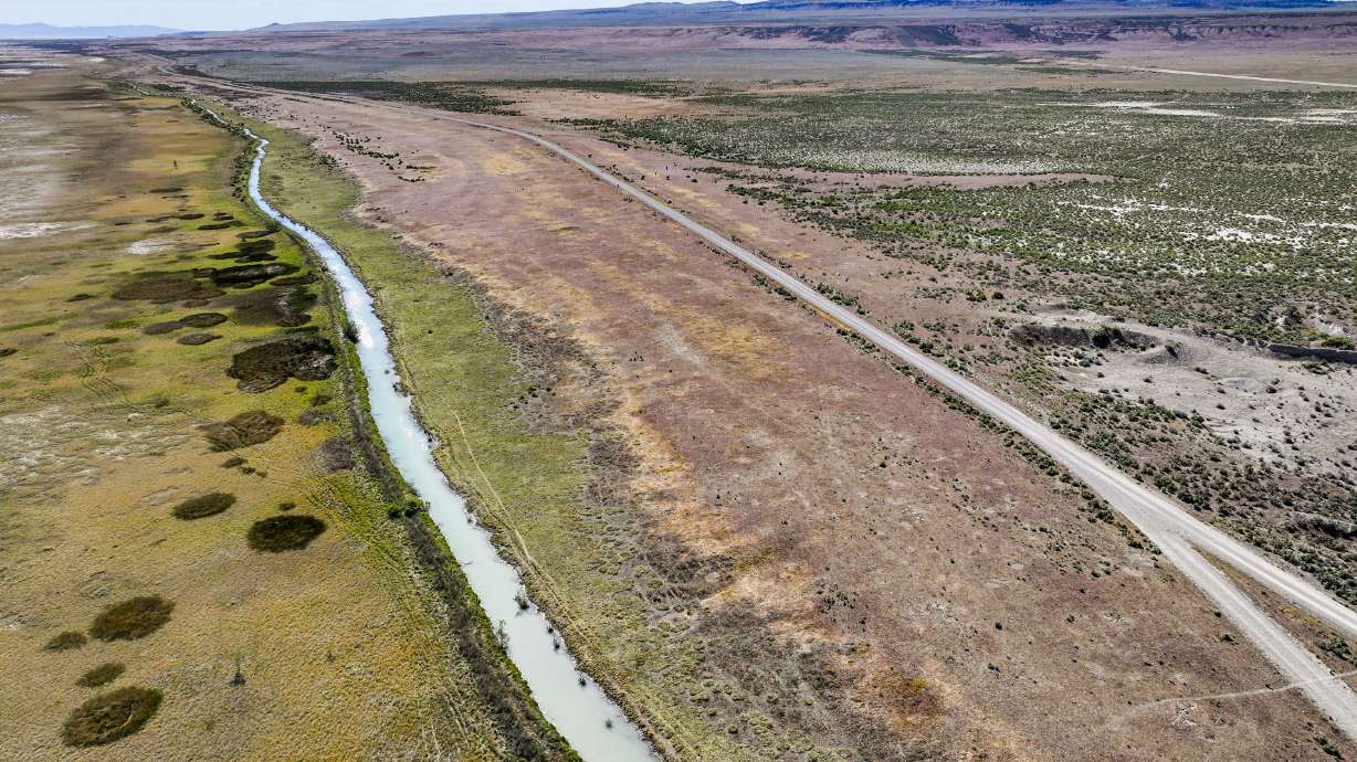 A stream flows near land proposed for the Stratos Project data center in the Hansel Valley area of Box Elder County on May 12. People covered the steps of the Utah Capitol on Saturday afternoon, calling for an end to the development.