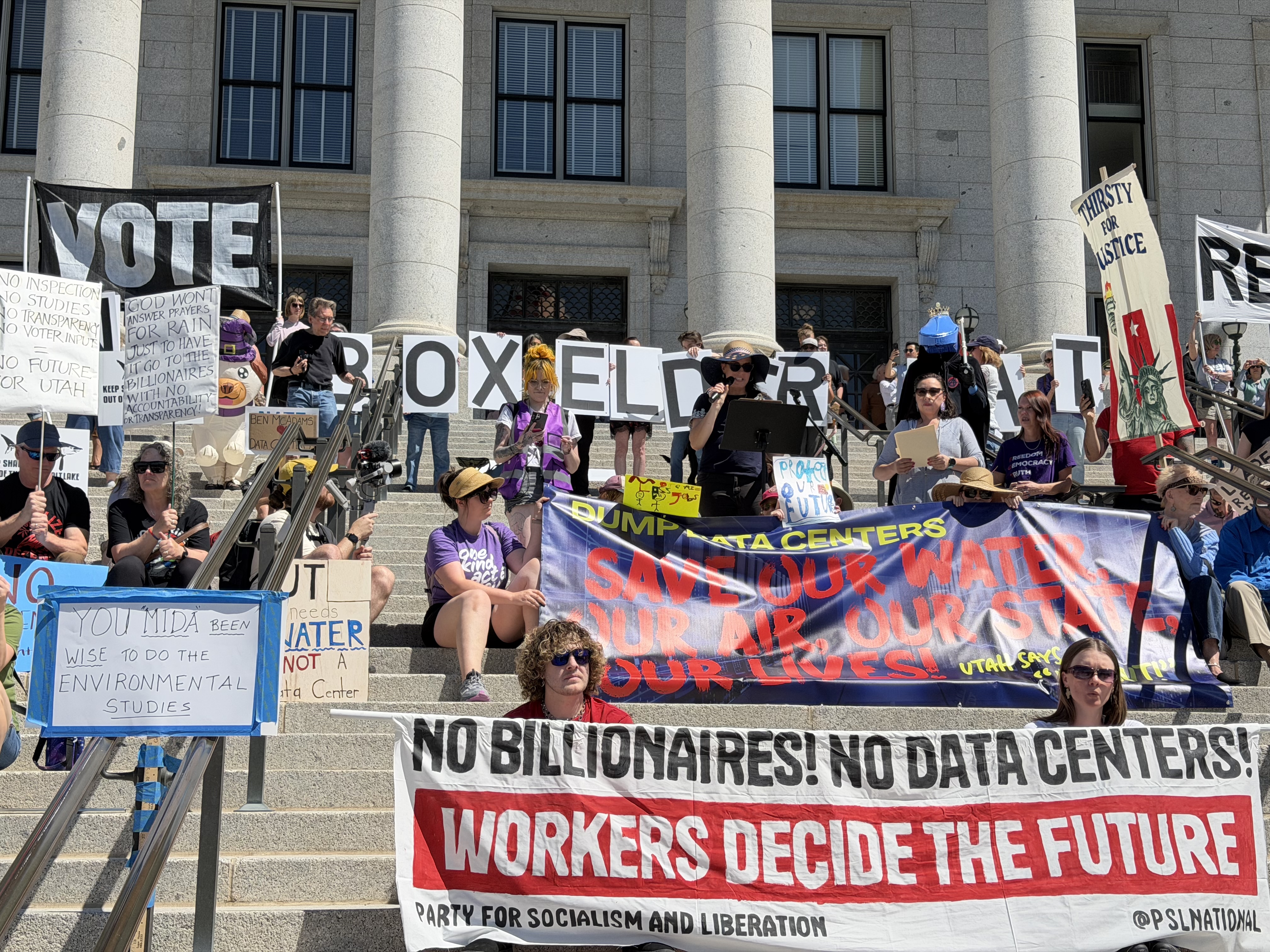 Shannon Barton of Box Elder Accountability Referendum speaks at a rally at the Utah Capitol on Saturday, May 23, 2026, against a proposed data center project in Box Elder County.