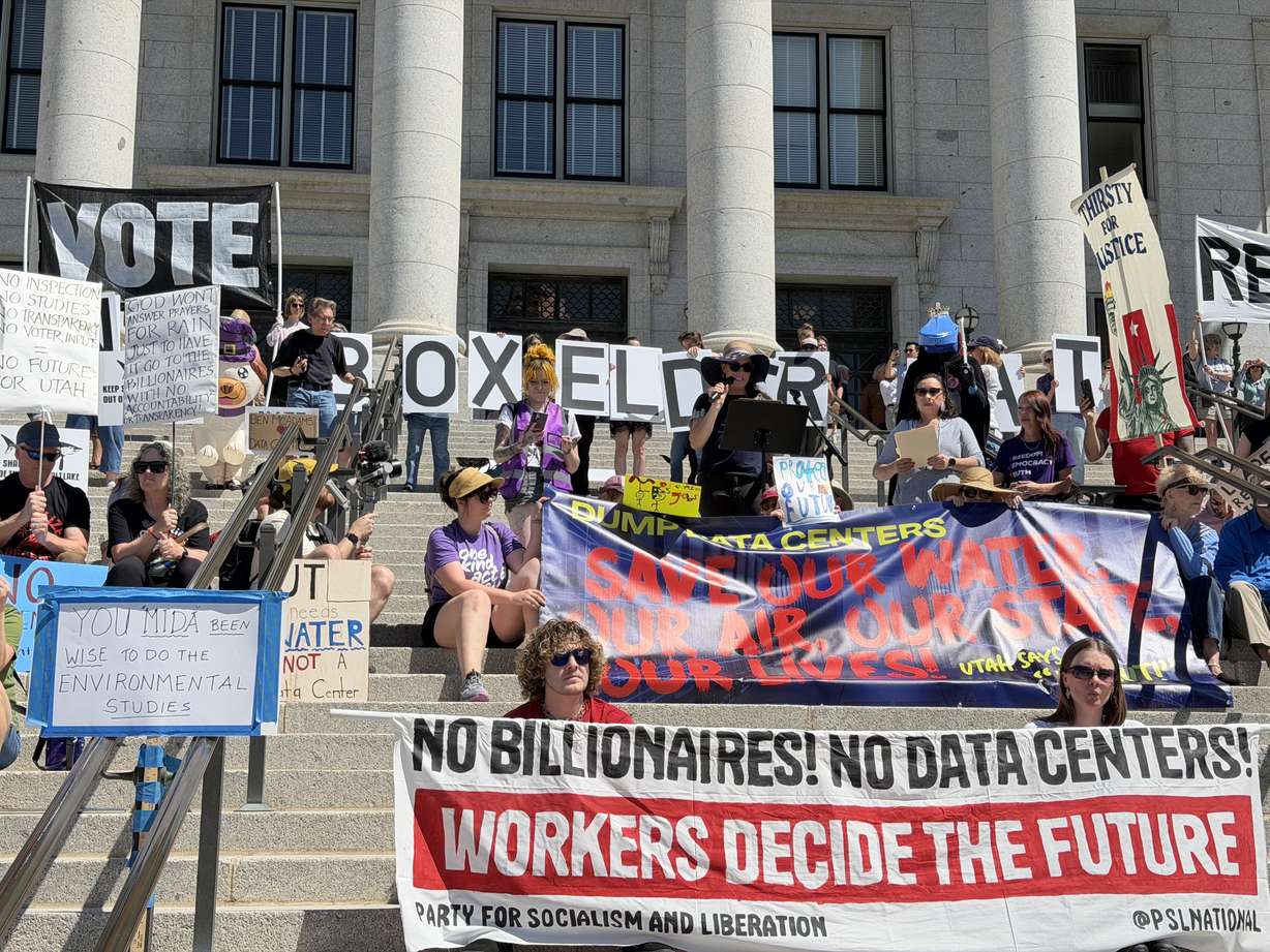 Shannon Barton of Box Elder Accountability Referendum speaks at a rally at the Utah Capitol on Saturday, May 23, 2026, against a proposed data center project in Box Elder County.