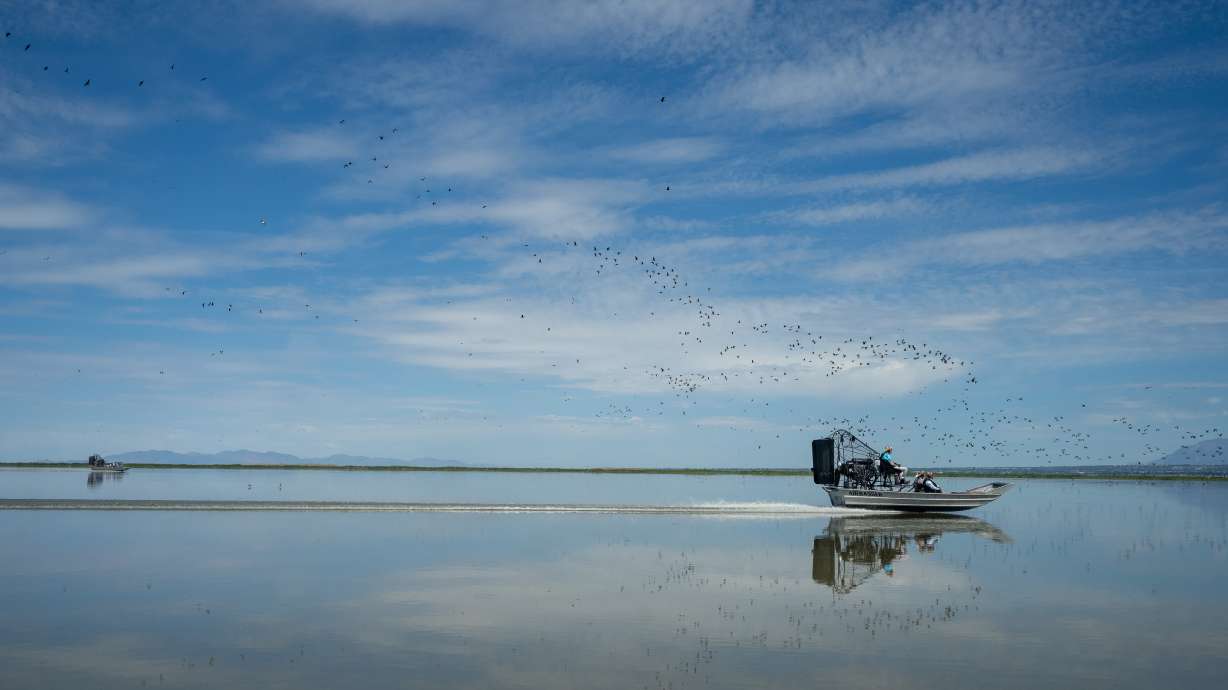 Environmental Protection Agency Administrator Lee Zeldin tours the Great Salt Lake at Farmington Bay on Saturday.