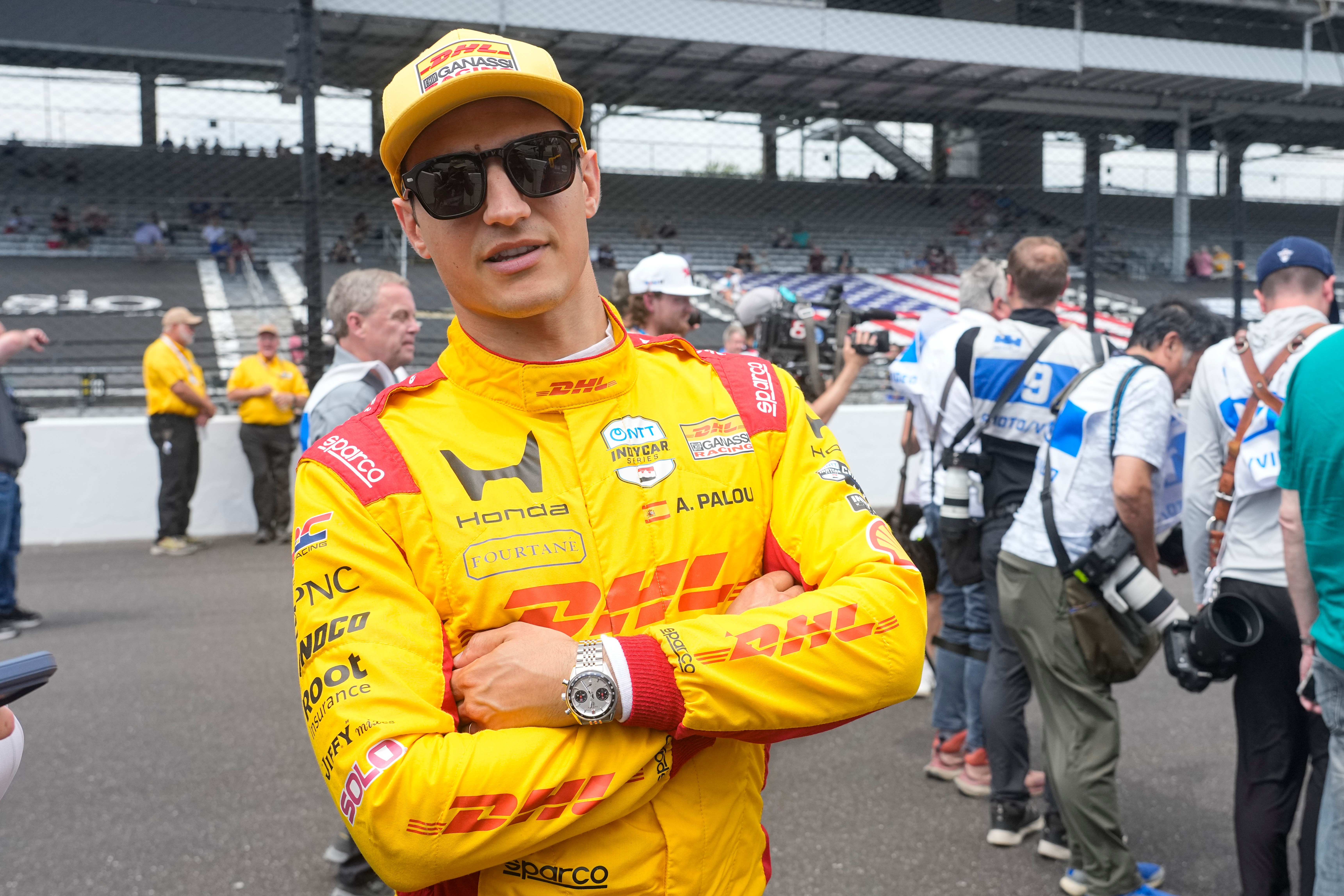 Alex Palou, of Spain, pauses during a photo session before practice for the Indianapolis 500 auto race at the Indianapolis Motor Speedway in Indianapolis, Monday, May 18, 2026.