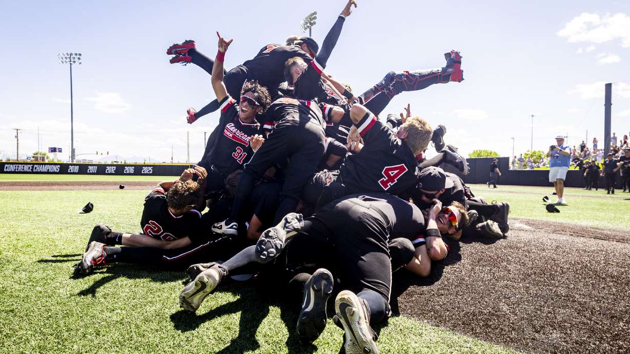American Fork players dogpile each other in celebration just after defeating Skyridge 5-3 in the second and final game of the 6A baseball state championship series, held at UCCU Ballpark in Orem on Saturday, May 23, 2026.