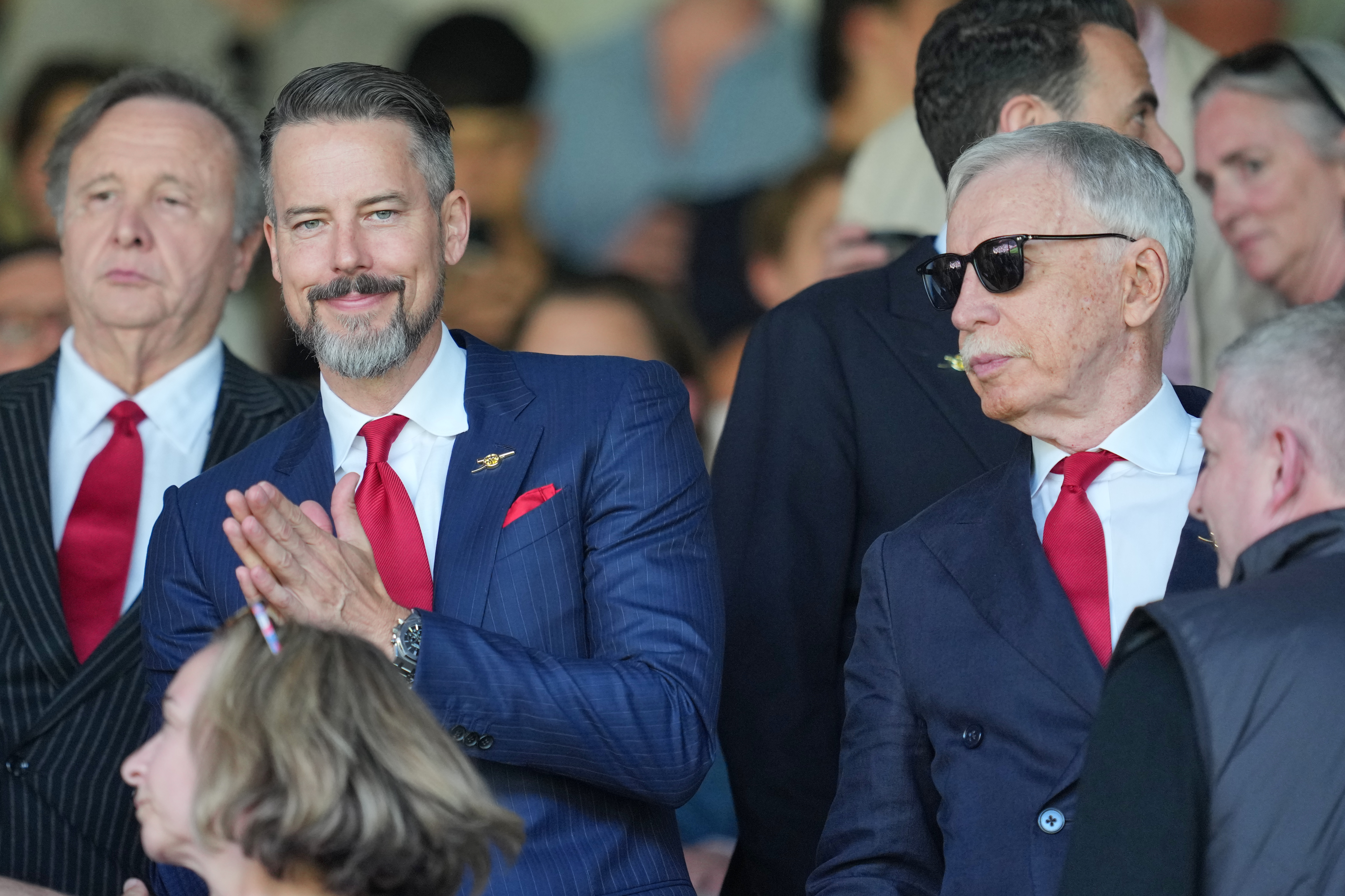 Arsenal owner Stan Kroenke, right, and his son Josh pictured in the stands ahead of the English Premier League soccer match between Crystal Palace and Arsenal in London, England, Sunday, May 24, 2026. 