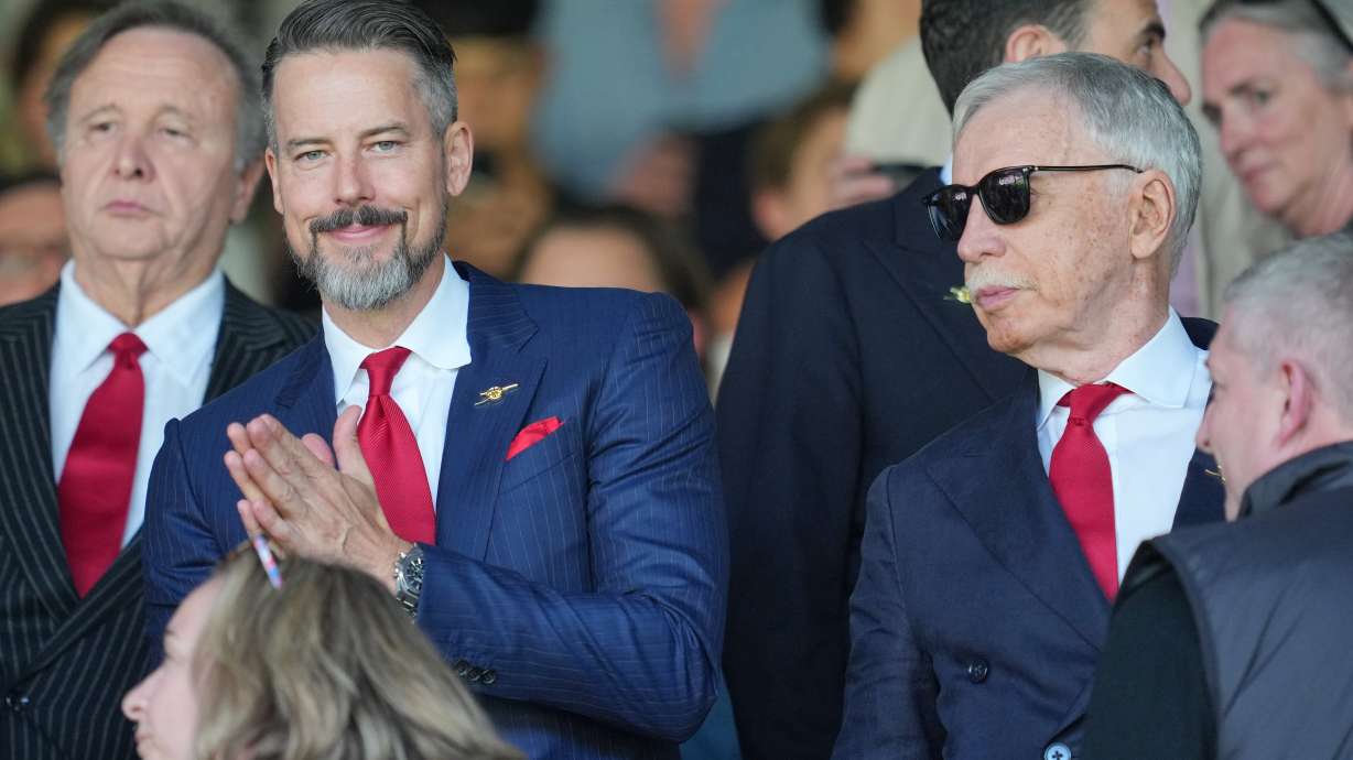 Arsenal owner Stan Kroenke, right, and his son Josh pictured in the stands ahead of the English Premier League soccer match between Crystal Palace and Arsenal in London, England, Sunday, May 24, 2026.