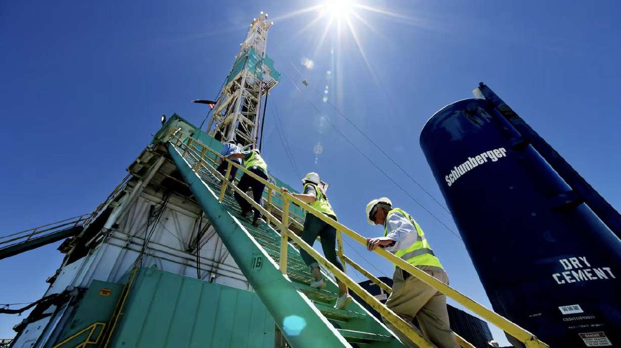 A drilling rig at the FORGE geothermal demonstration sight near Milford on July 6, 2023. Four Western states are launching the Mountain West Geothermal Consortium to expand geothermal energy development.