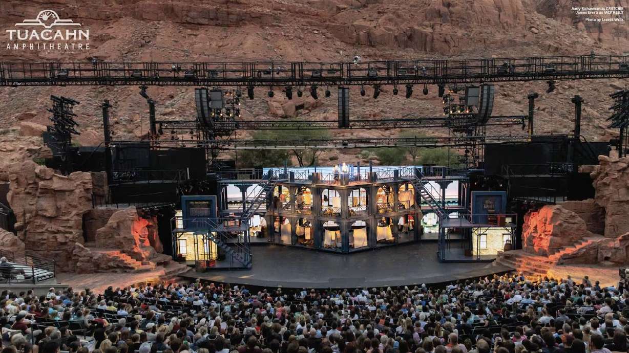 The 2025 cast of Tuacahn Amphitheatre's production of "Newsies" performs during a show.