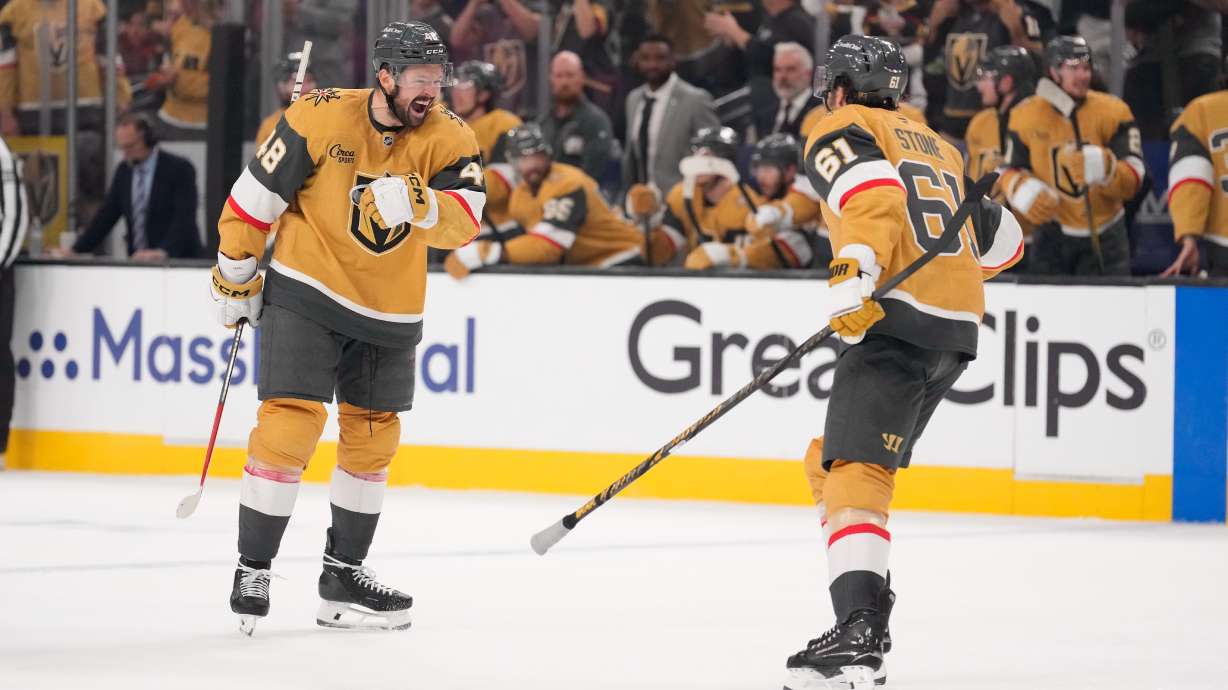 Vegas Golden Knights center Tomas Hertl, left, celebrates his goal with right wing Mark Stone during the third period in Game 3 of the Western Conference finals NHL hockey Stanley Cup playoff series against the Colorado Avalanche, Sunday, May 24, 2026, in Las Vegas.
