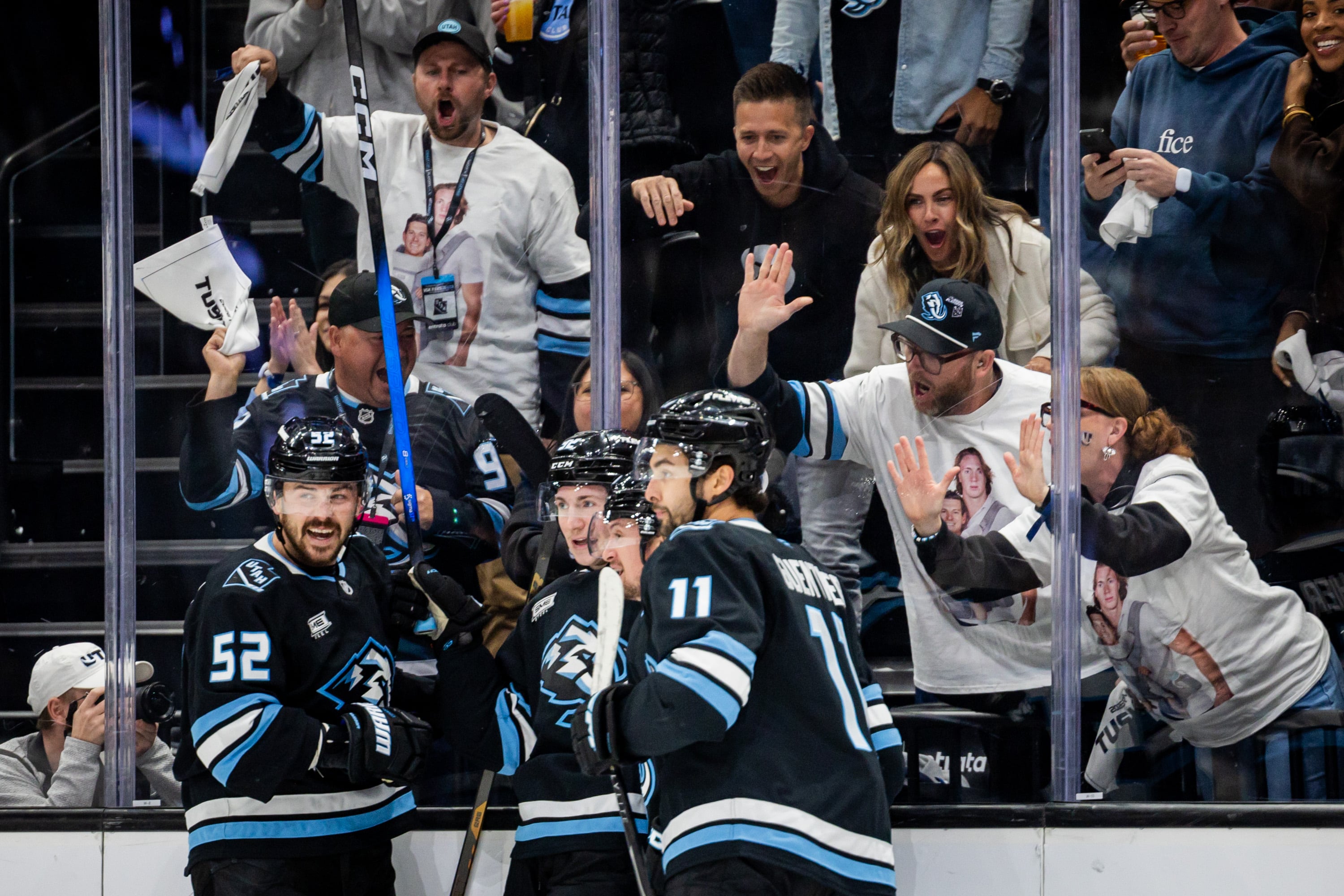 Utah Mammoth fans react after Utah Mammoth right wing Kailer Yamamoto (56) scored during Game 6 of a first-round NHL Stanley Cup playoff series against the Vegas Golden Knights at the Delta Center in Salt Lake City on May 2.