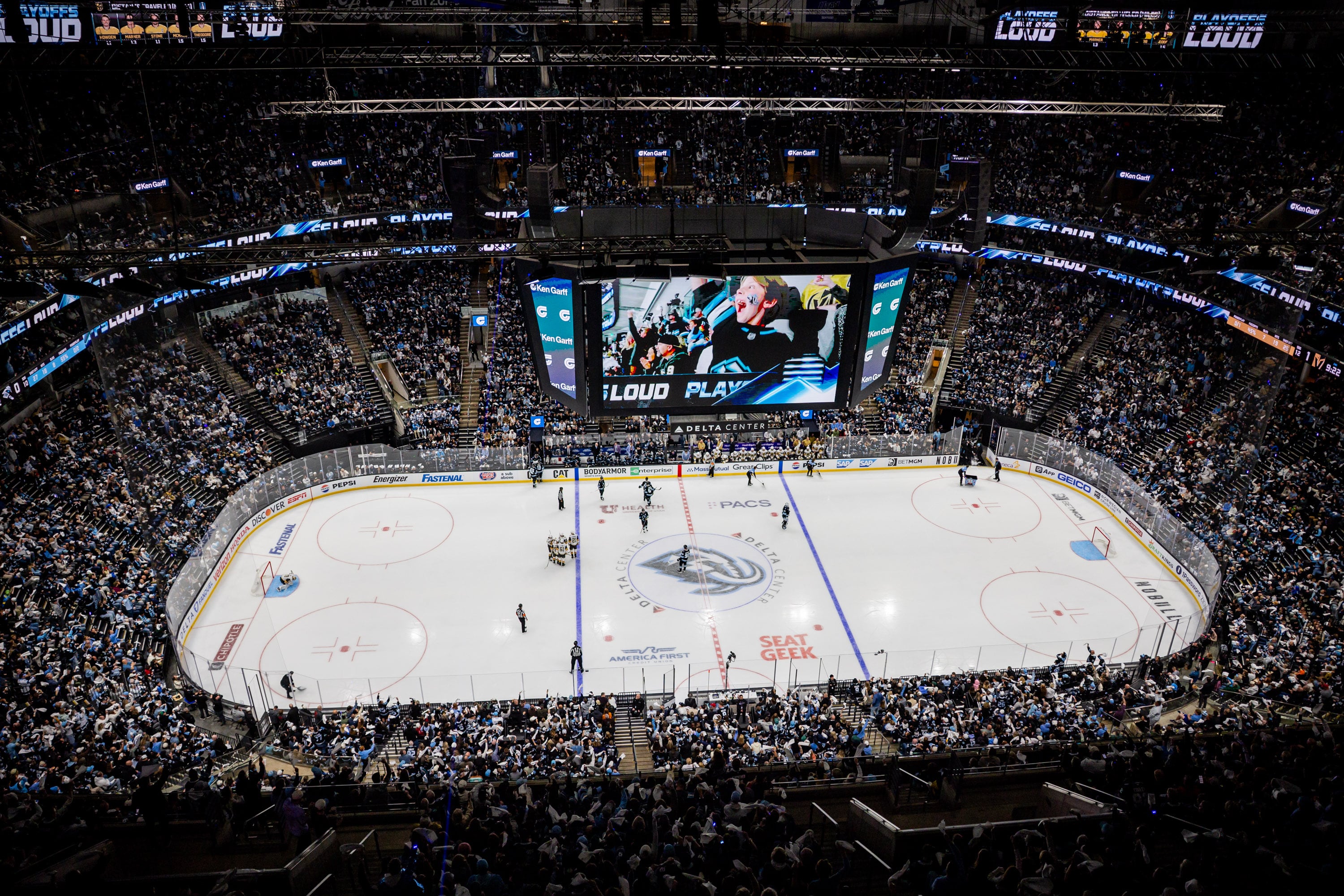 Fans watch the Utah Mammoth play the Vegas Golden Knights during Game 6 of a first-round NHL Stanley Cup playoff series at the Delta Center in Salt Lake City on May 2.