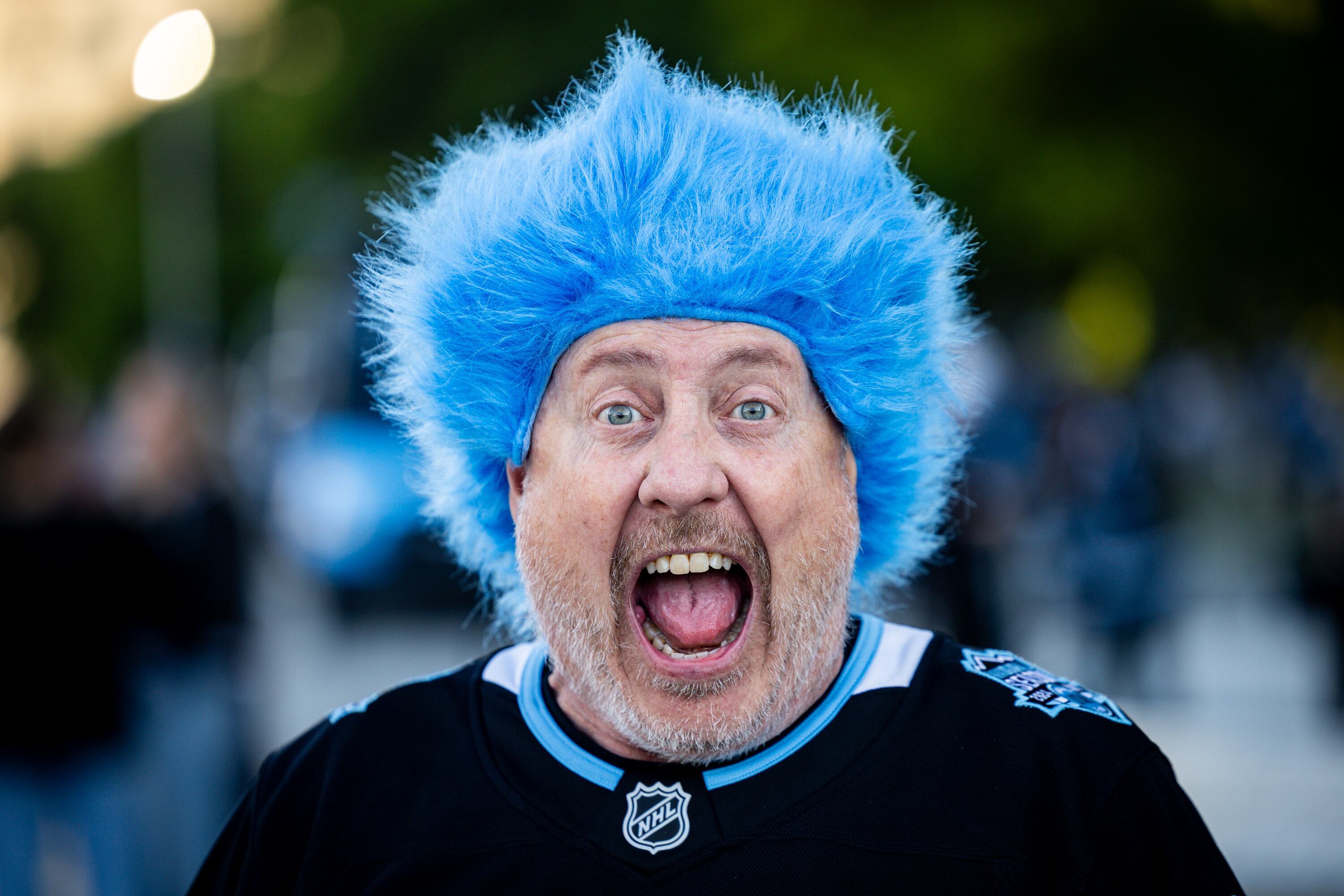 Utah Mammoth fan Rich Bradley poses outside the Delta Center before Game 6 of a first-round NHL Stanley Cup playoff series against the Vegas Golden Knights at the Delta Center in Salt Lake City on May 1.