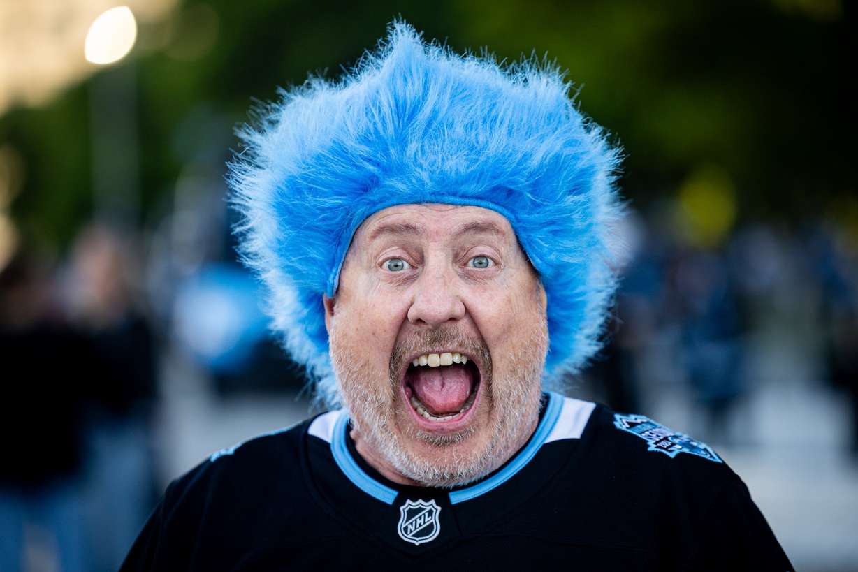 Utah Mammoth fan Rich Bradley poses outside the Delta Center before Game 6 of a first-round NHL Stanley Cup playoff series against the Vegas Golden Knights at the Delta Center in Salt Lake City on May 1.