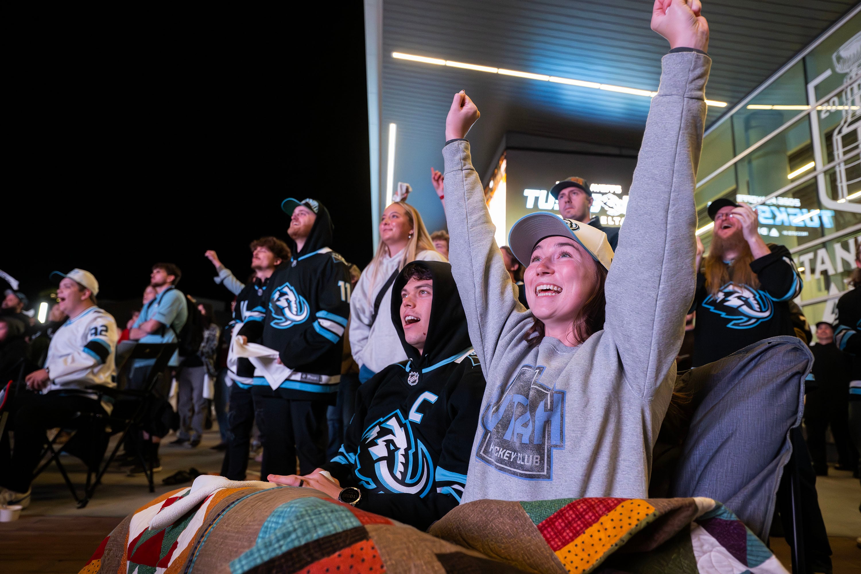 Spencer and Kenzy Anderton and several hundred other fans gather at the Delta Center to watch the Vegas Golden Knights and the Utah Mammoth in NHL hockey playoff action on April 29. Las Vegas won 5-4 in double overtime.
