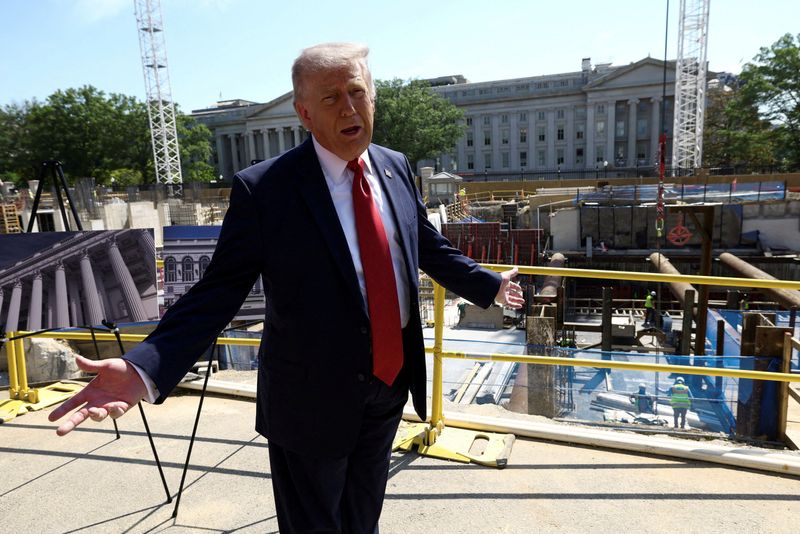 U..S. President Donald Trump gestures at the site of ongoing construction of the planned White House ballroom in Washington, D.C., on May 19.