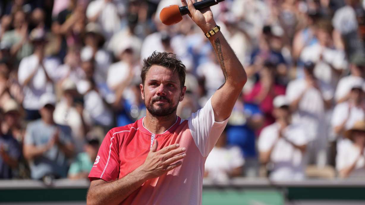 Stan Wawrinka of Switzerland reacts after the first round men's singles tennis match against Jesper De Jong of the Netherlands at the French Open tennis tournament in Paris, Monday, May 25, 2026.