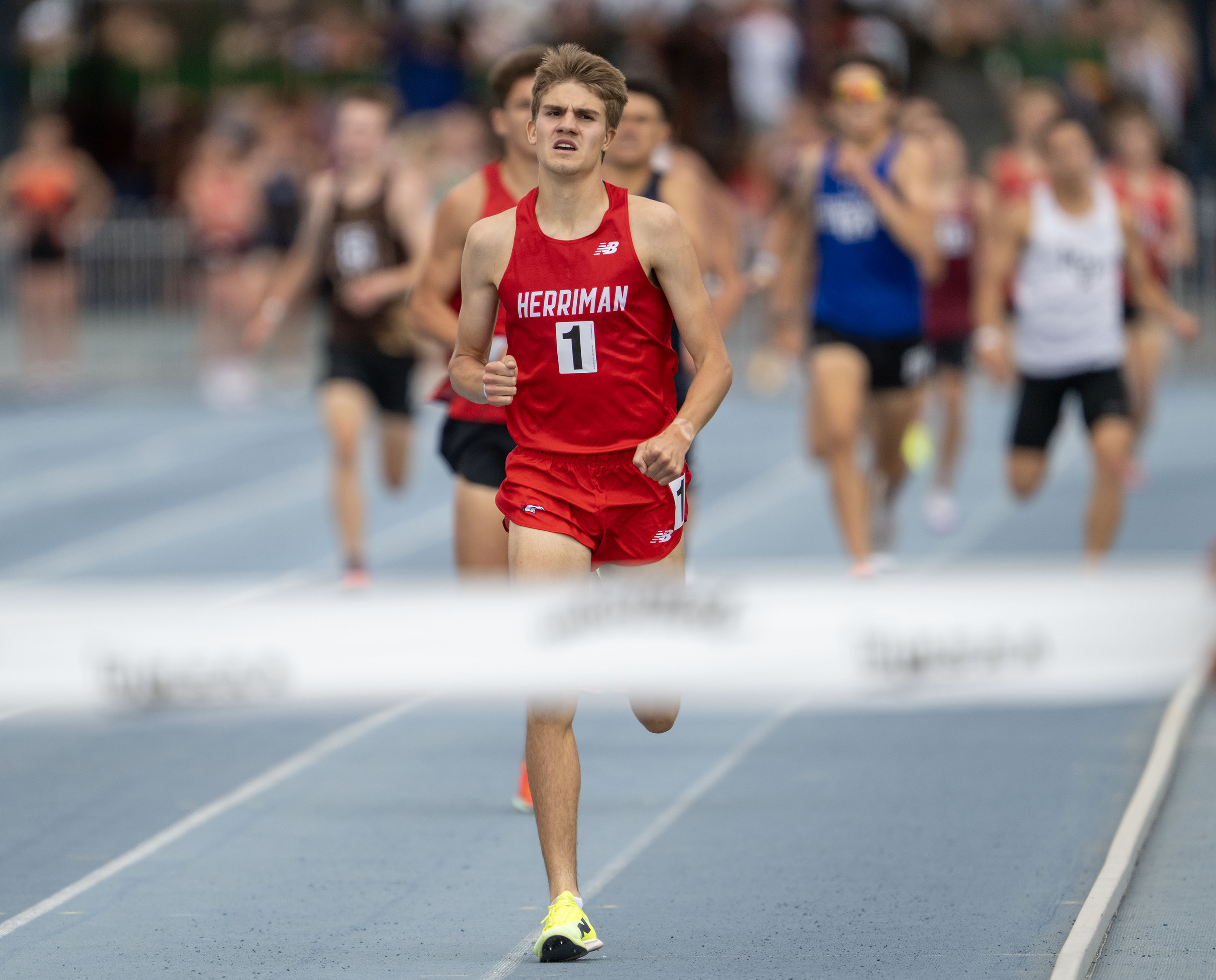 Herriman’s Jackson Spencer heads for the tape in the 6A boys 800-meter race at the state track and field championships at BYU in Provo on Saturday, May 16, 2026.