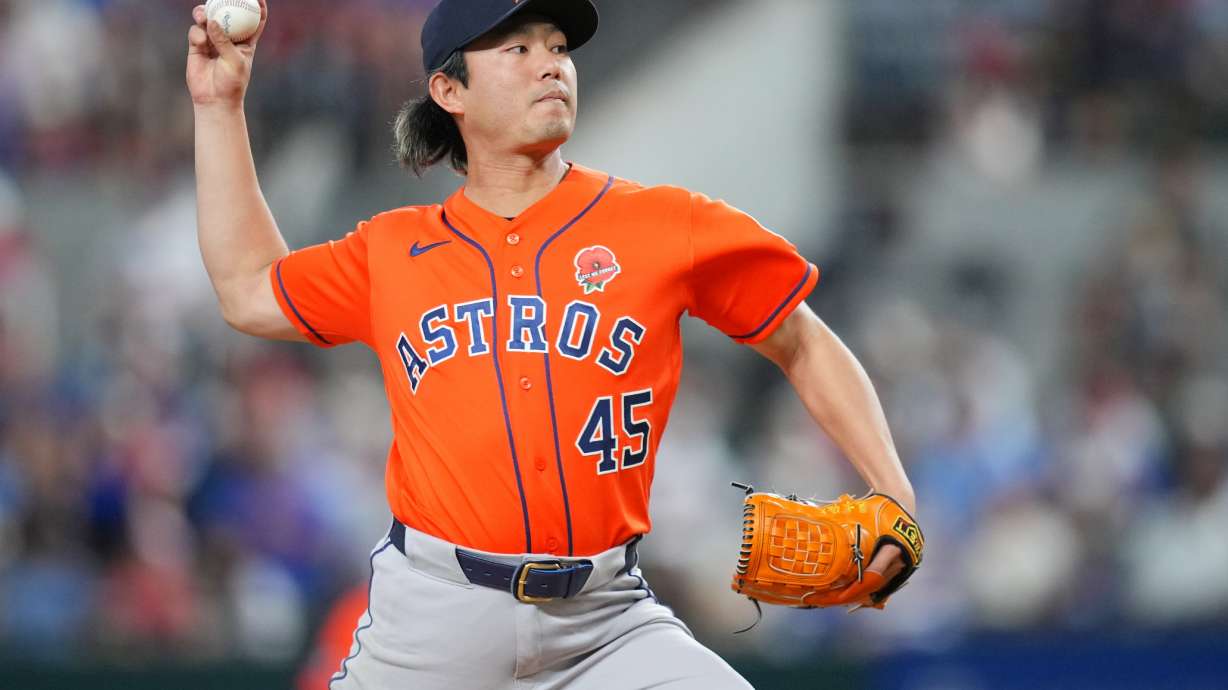 Houston Astros starting pitcher Tatsuya Imai throws to the Texas Rangers during the first inning of a baseball game Monday, May 25, 2026, in Arlington, Texas.