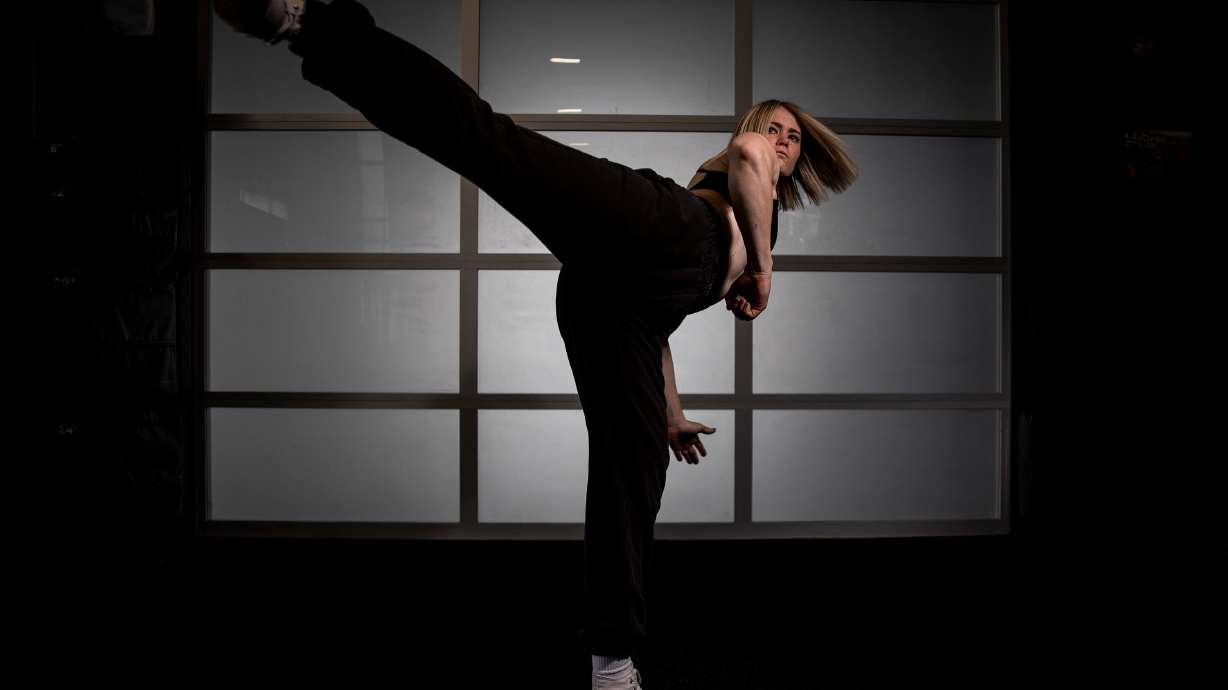 Stuntwoman Katelynn Olson poses for a portrait after a workout at P1 Athlete in Lehi on May 17. Olson recently joined the stunt team on the "Yellowstone" spin-off series "Marshals."