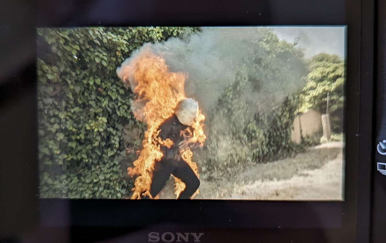 Katelynn Olson trains to become fire burn certified at Stunt Performers Academy in Sylmar, Calif., in February 2024. Olson earned her stunt certification from the academy.