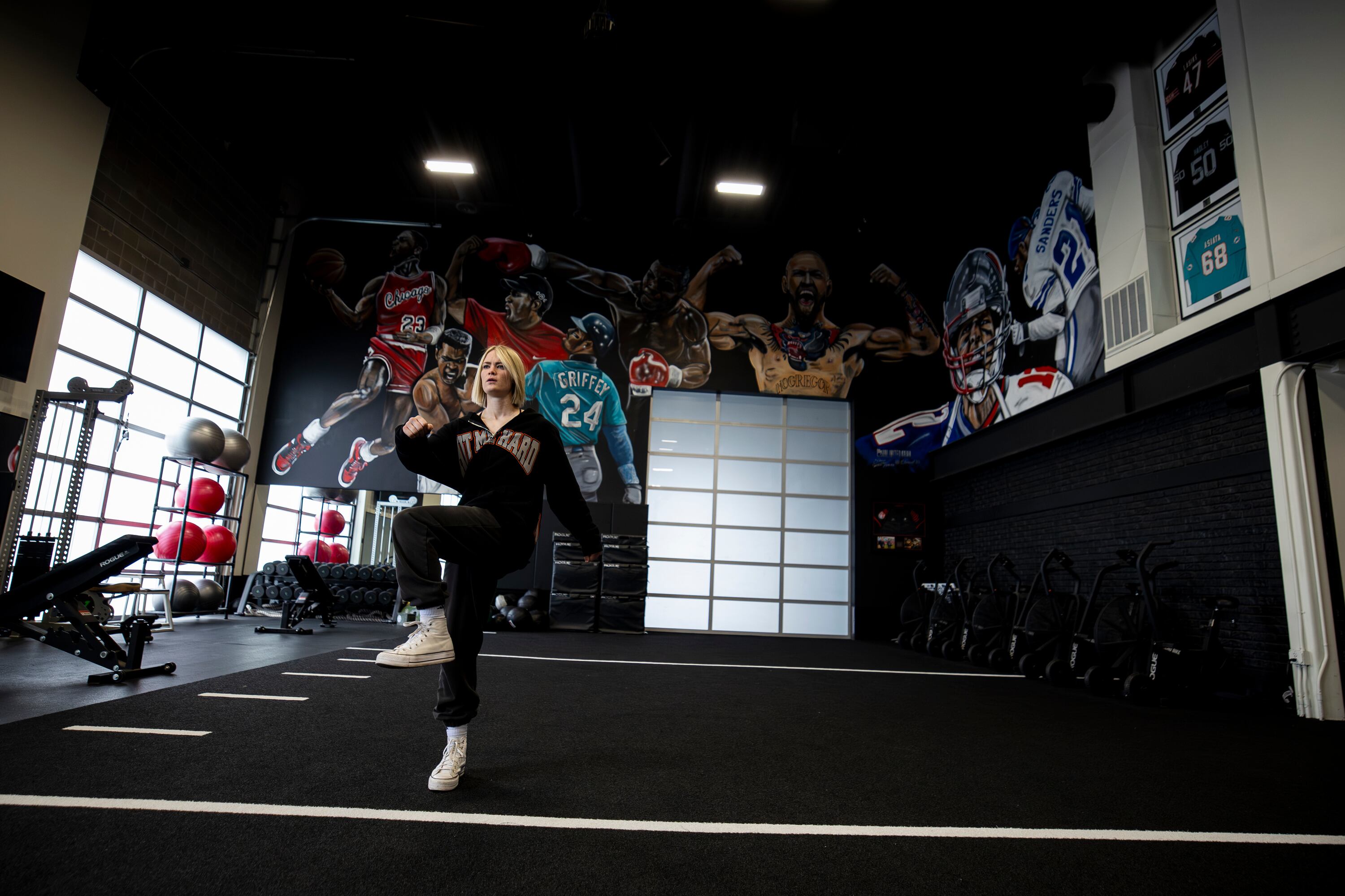 Stuntwoman Katelynn Olson warms up before a workout at P1 Athlete in Lehi on May 17. Olson secured her SAG-AFTRA certification after landing a job on "Marshals."