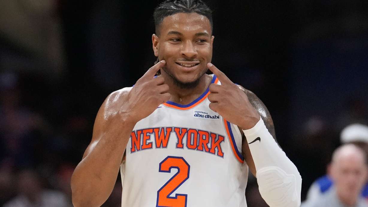 New York Knicks guard Miles McBride reacts during the second half of Game 4 in the Eastern Conference finals NBA basketball playoffs series against the Cleveland Cavaliers in Cleveland, Monday, May 25, 2026.