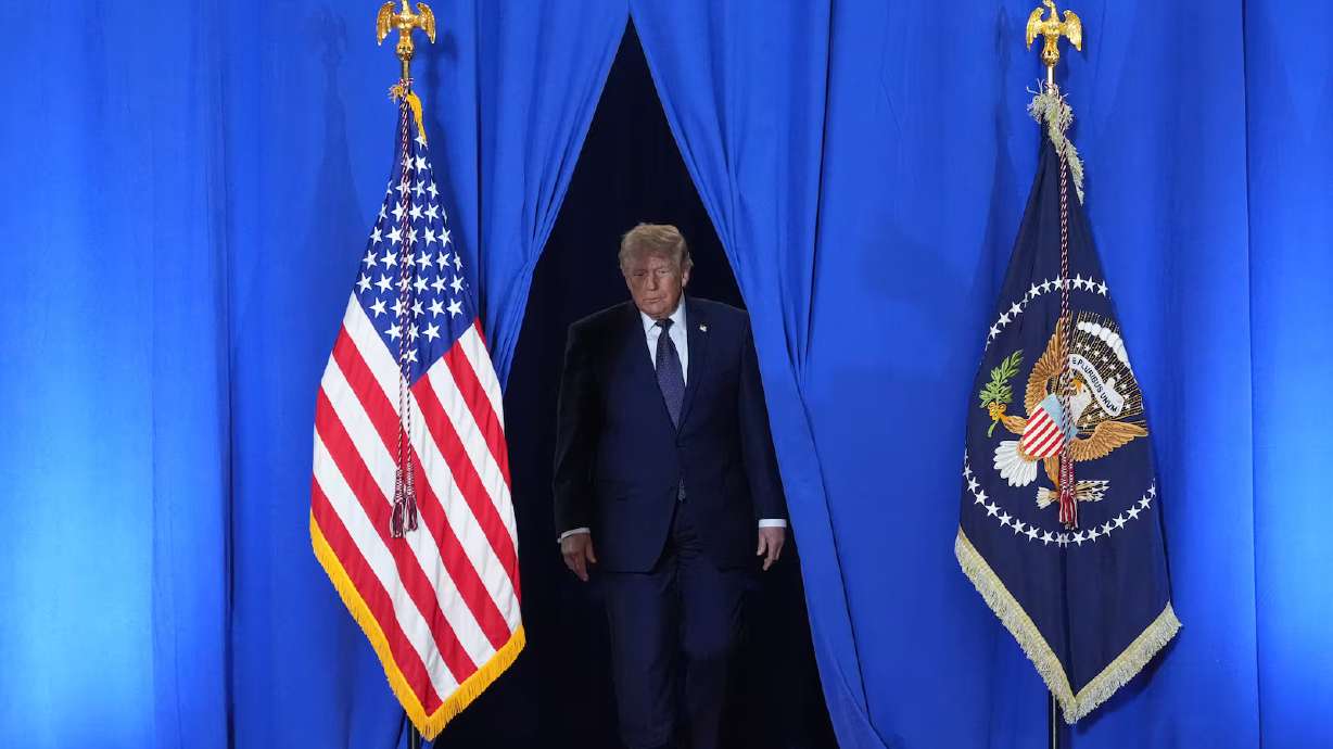 President Donald Trump arrives to speak at Rockland Community College, Friday, in Suffern, N.Y. A new Deseret News/Hinckley Institute of Politics survey found Trump's approval ratings sunk further in May.