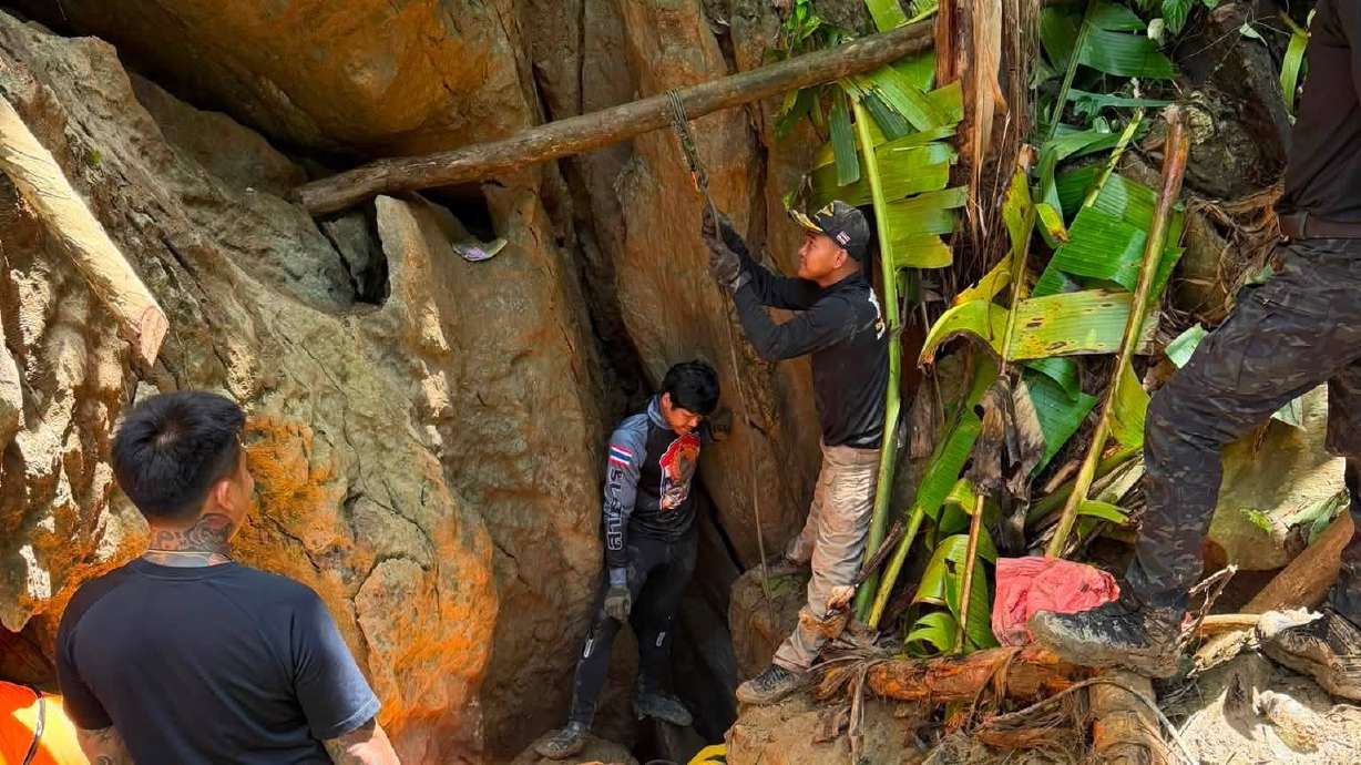 In this release Metta Tham Rescue Kalasin, rescuers work to reach seven people who have been trapped in a cave in Xaisomboun province, Laos, Monday.