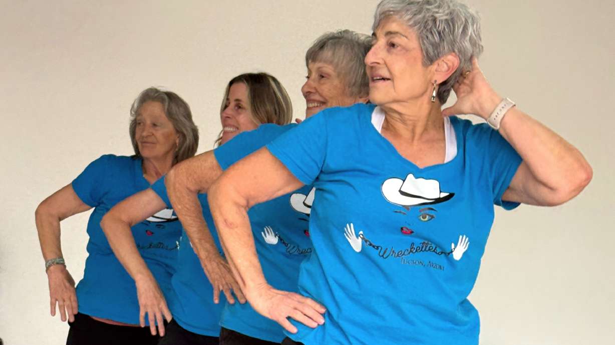 Gail Kowalski, from left, Suzy Rhoades, Carol Ross and Cindy Soffrin, of The Rodeo City Wreckettes, a tap and jazz dance group for older women, practice on April 16, in Tucson, Ariz.