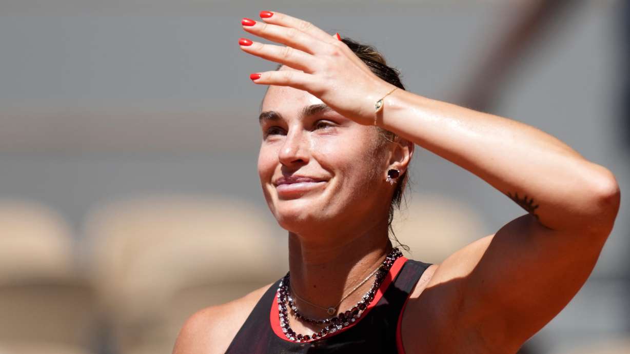 Aryna Sabalenka of Belarus celebrates after winning against Jessica Bouzas Maneiro of Spain during their first round women's singles tennis match at the French Open tennis tournament in Paris, Tuesday, May 26, 2026.