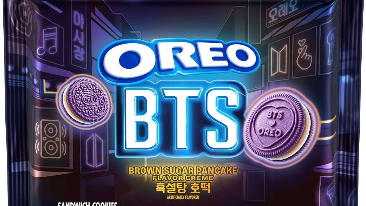 The new hotteok-flavored Oreos, done in collaboration with K-pop group BTS, on display. The limited-edition packaging is designed after Korean culture and street markets in Seoul, South Korea.
