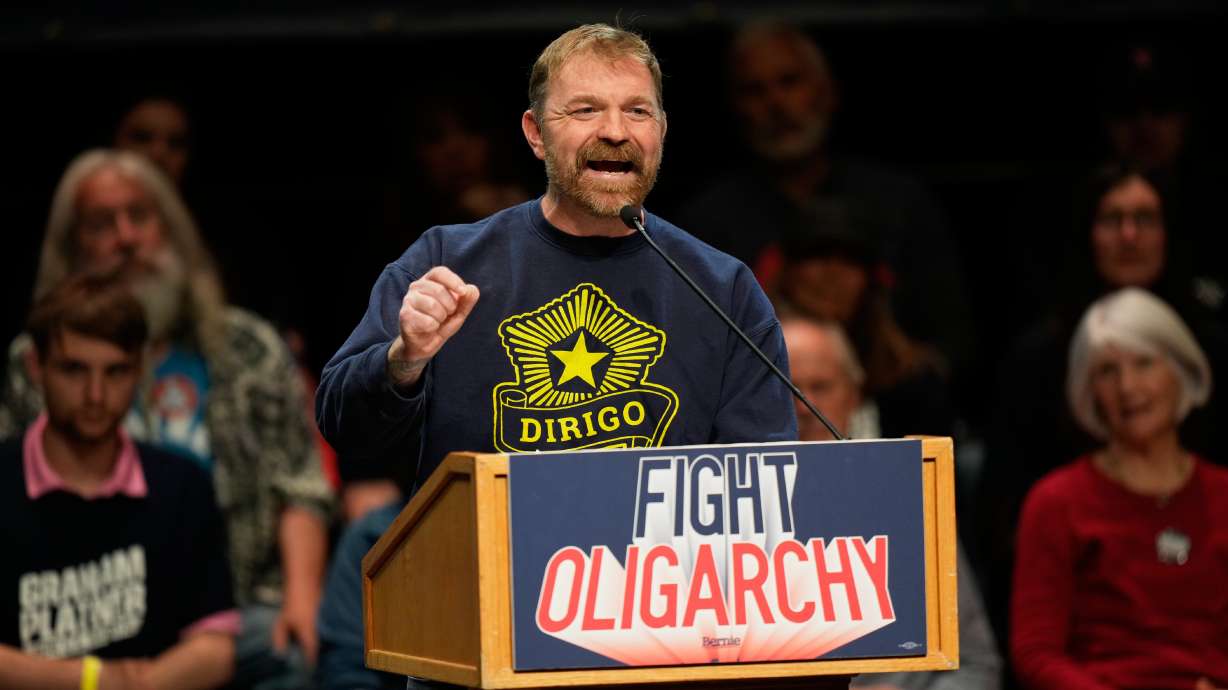 Graham Platner, Democratic candidate for U.S. Senate, speaks at an event hosted by Sen. Bernie Sanders in Orono, Maine, Sunday, May 24, 2026.
