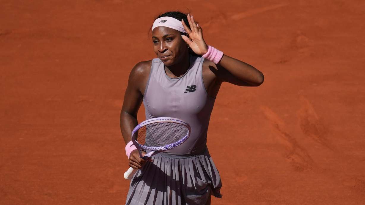 Coco Gauff of the U.S. celebrates after winning against Taylor Townsend of the U.S. during their first round women's singles tennis match at the French Open tennis tournament in Paris, Tuesday, May 26, 2026.