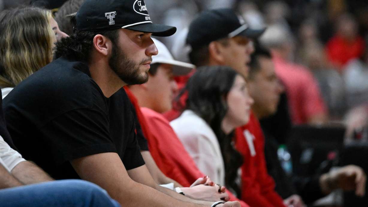 FILE - Texas Tech quarterback Brendan Sorsby watches the second half of an NCAA college basketball game between Texas Tech and Cincinnati, Feb. 24, 2026, in Lubbock, Texas.