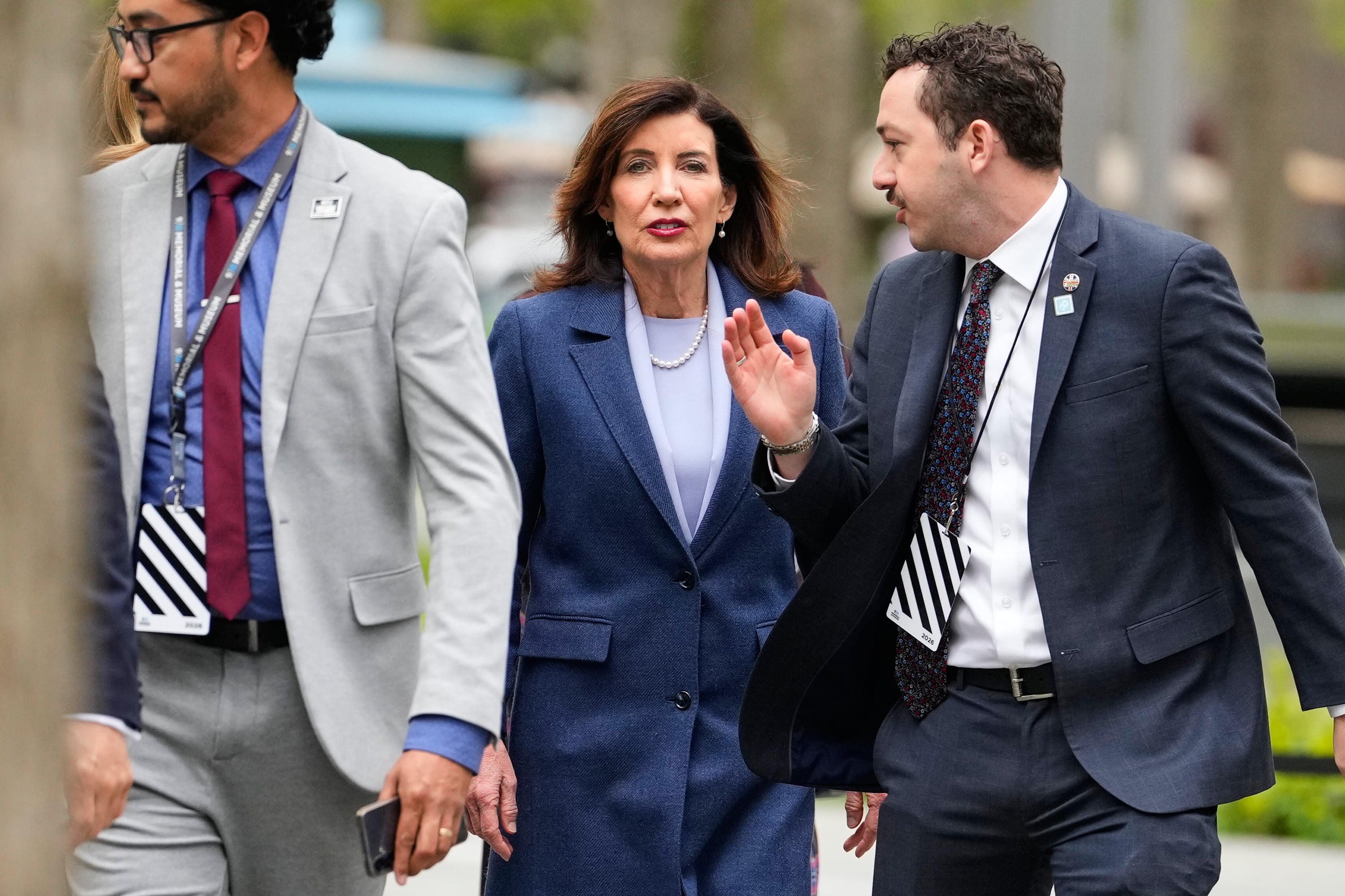 New York Gov. Kathy Hochul arrives ahead of Britain's King Charles III and Queen Camilla's visit to the 9/11 Memorial, April 29. Hochul said she supports a push to bring the Winter Olympics back to New York.