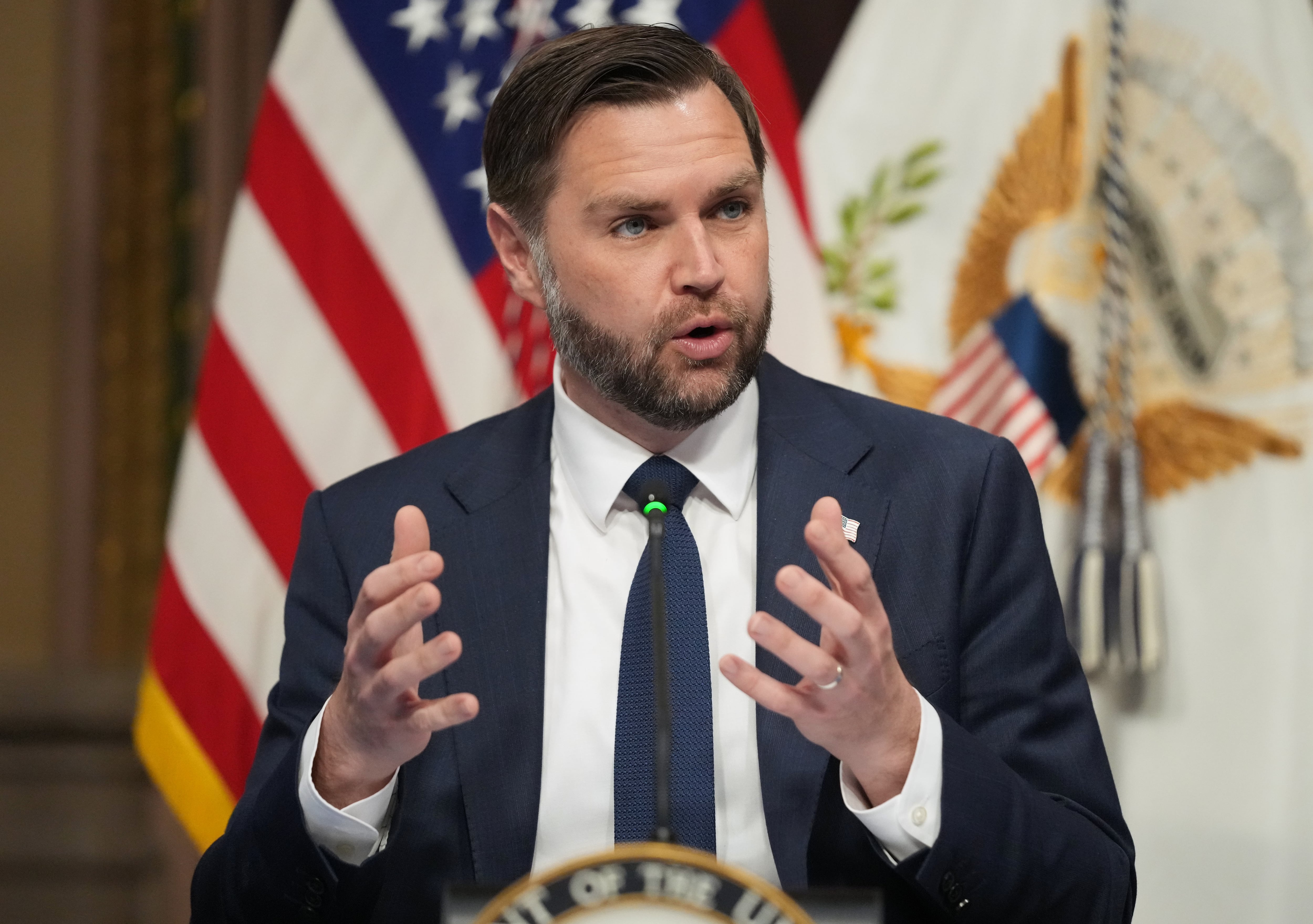 Vice President JD Vance speaks in the Eisenhower Executive Office Building at the White House complex, Tuesday, in Washington. Vance hosted a roundtable discussion on eliminating fraud.