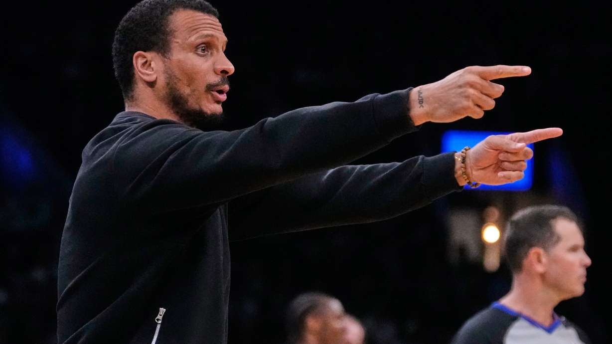Boston Celtics head coach Joe Mazzulla calls to his players during the first half of Game 5 of a first-round NBA playoffs basketball series against the Philadelphia 76ers, Tuesday, April 28, 2026, in Boston.