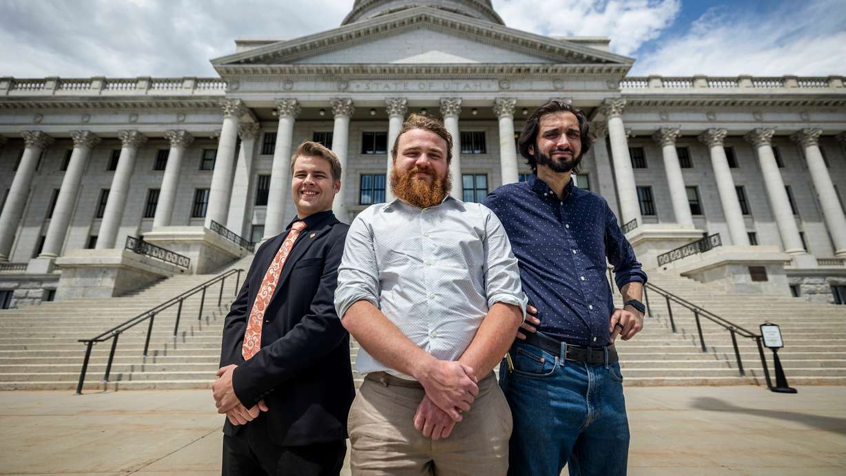 Leaders of the Utah Civic Compact, from left, Jarom Gillins, Conner Radcliffe and Clark Dice, pose at the Capitol in Salt Lake City on May 26 after discussing their concerns with the proposed Box Elder County data center project.