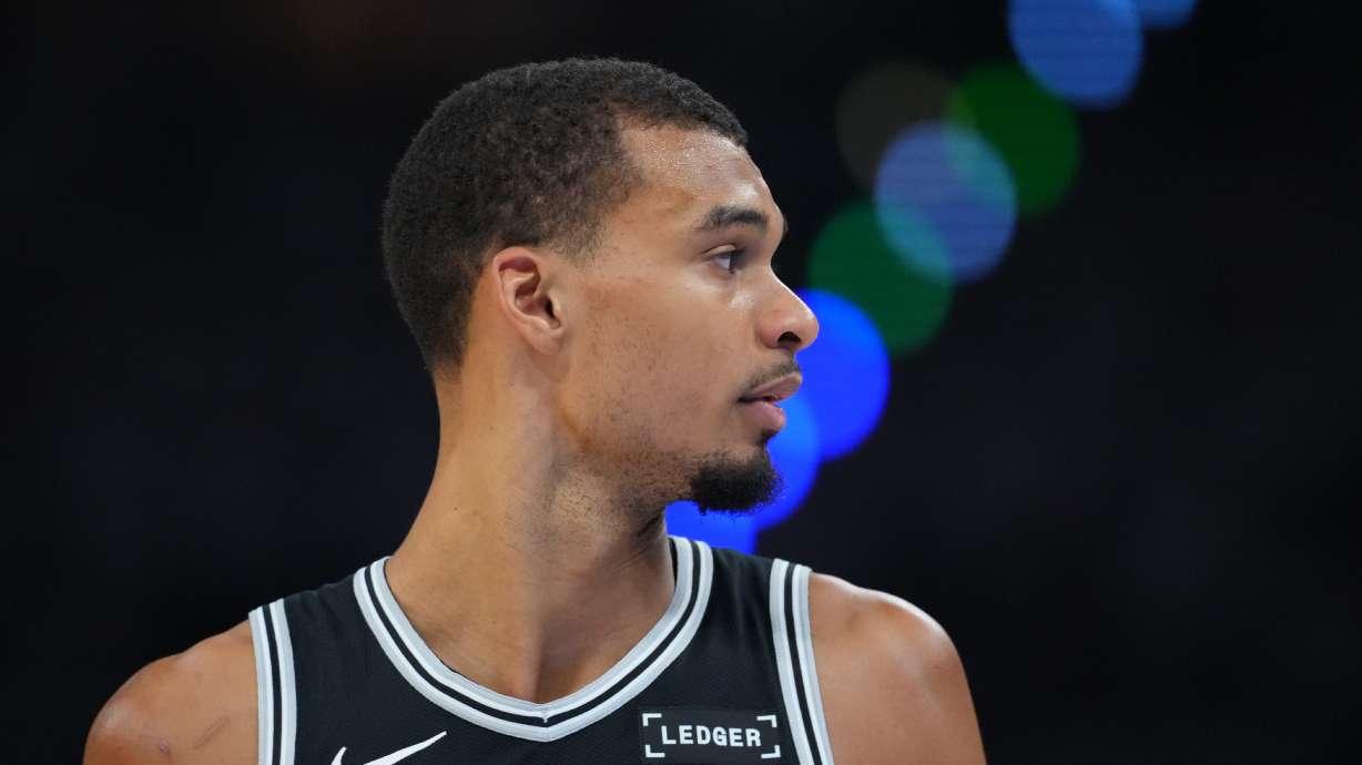 San Antonio Spurs forward Victor Wembanyama (1) moves on the court against the Oklahoma City Thunder in the second half of Game 5 in the Western Conference finals NBA basketball playoffs series, Tuesday, May 26, 2026, in Oklahoma City.