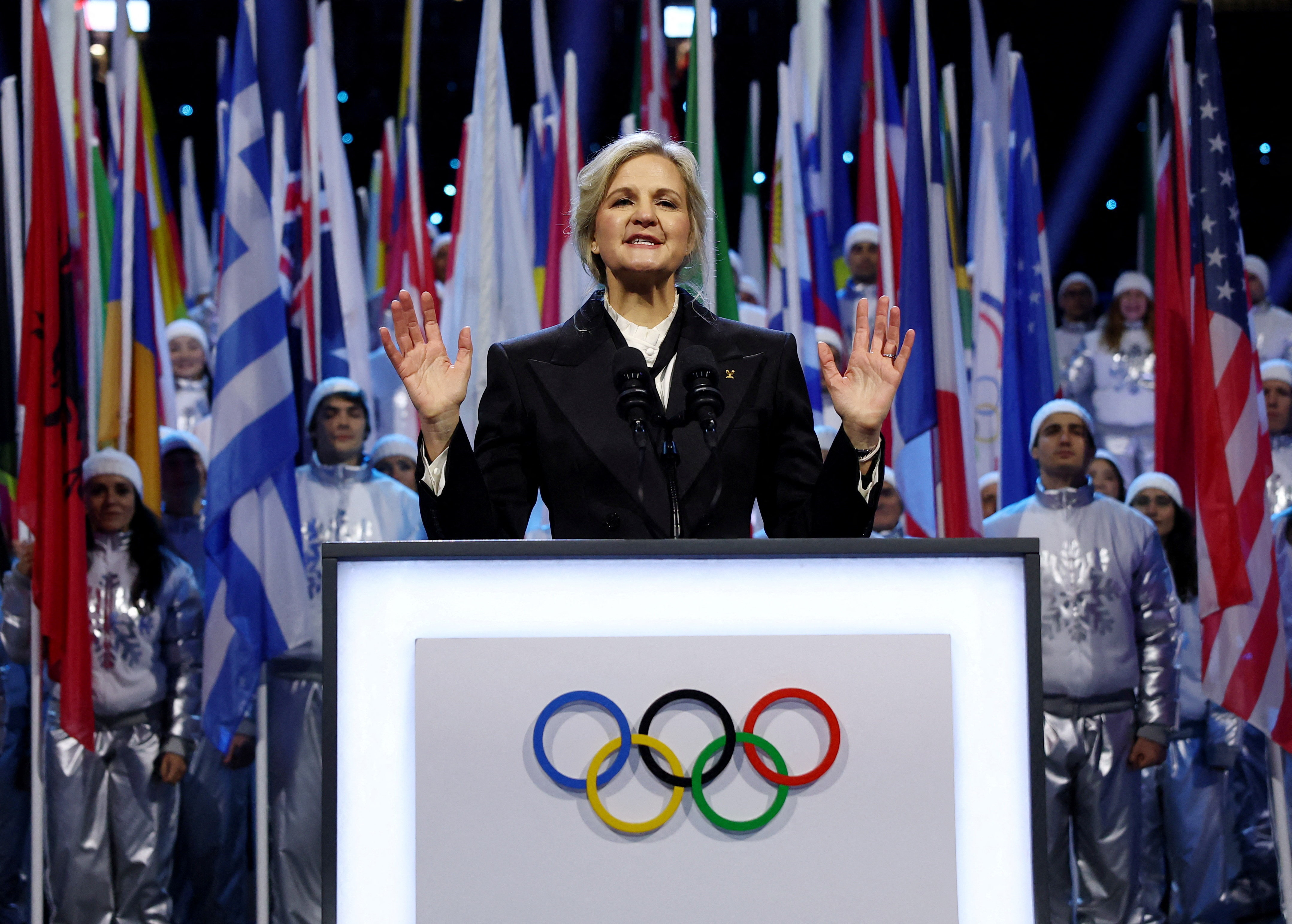 FILE - IOC President Kirsty Coventry speaks during the Olympic opening ceremony at the 2026 Winter Olympics, in Milan, Italy, Friday, Feb. 6, 2026. 