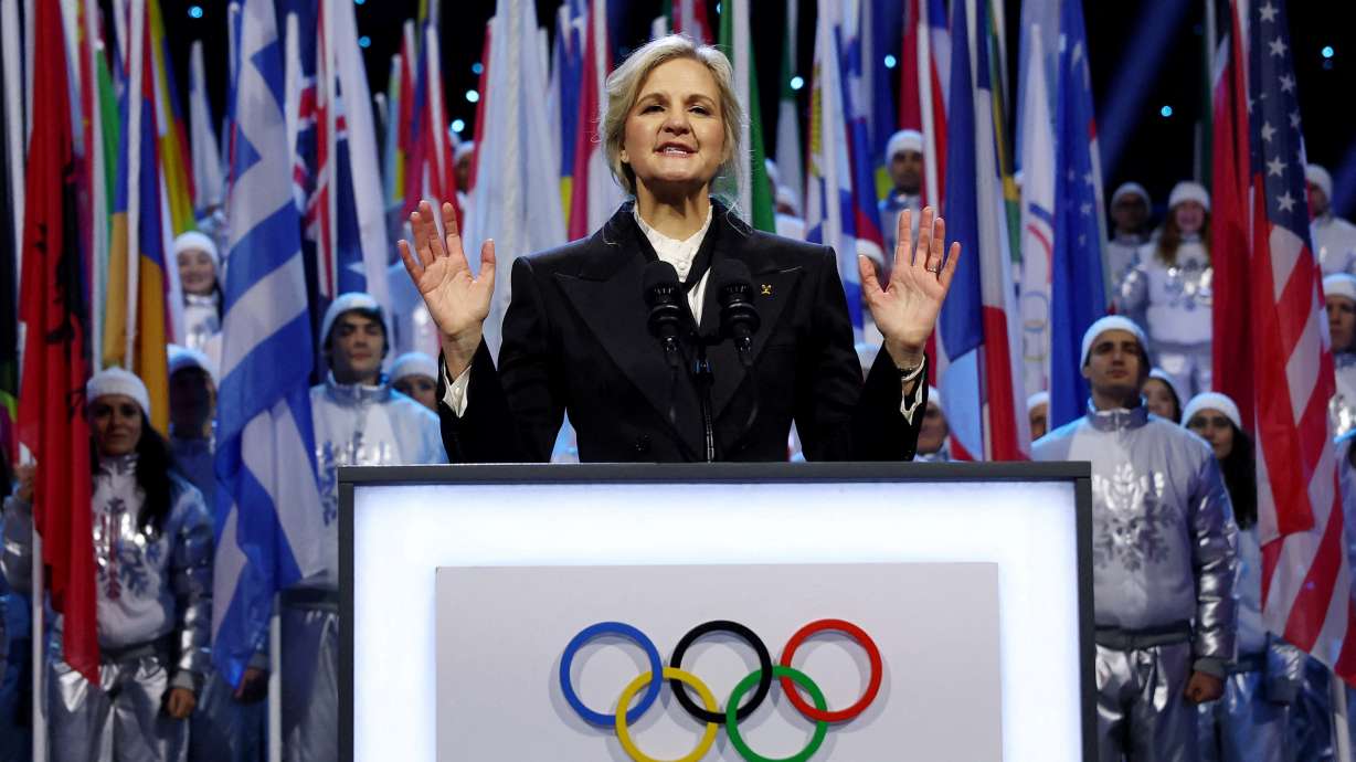 FILE - IOC President Kirsty Coventry speaks during the Olympic opening ceremony at the 2026 Winter Olympics, in Milan, Italy, Friday, Feb. 6, 2026.
