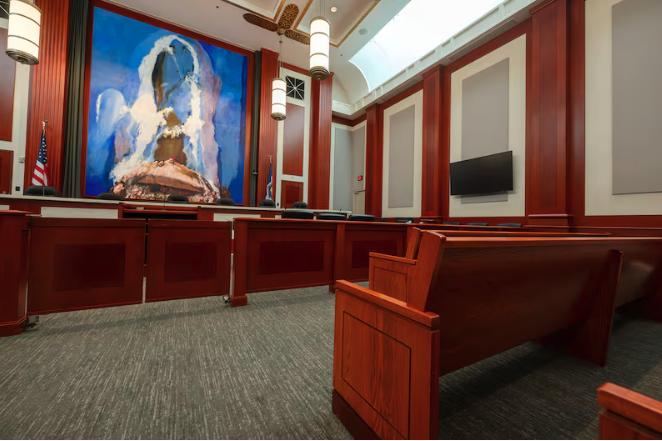 Utah’s Supreme Court courtroom inside the Matheson Courthouse in Salt Lake City on March 16.