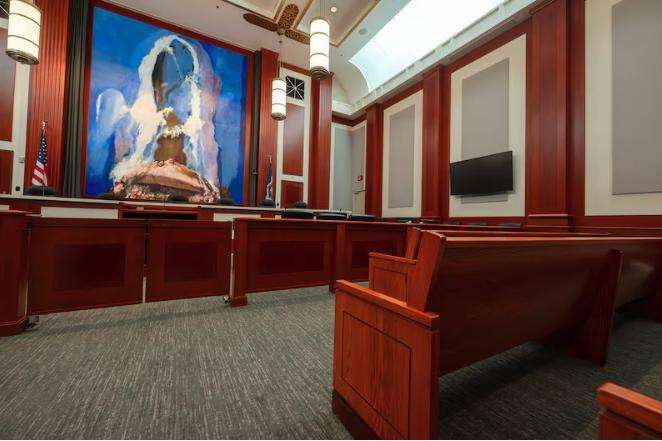 Utah’s Supreme Court courtroom inside the Matheson Courthouse in Salt Lake City on March 16.