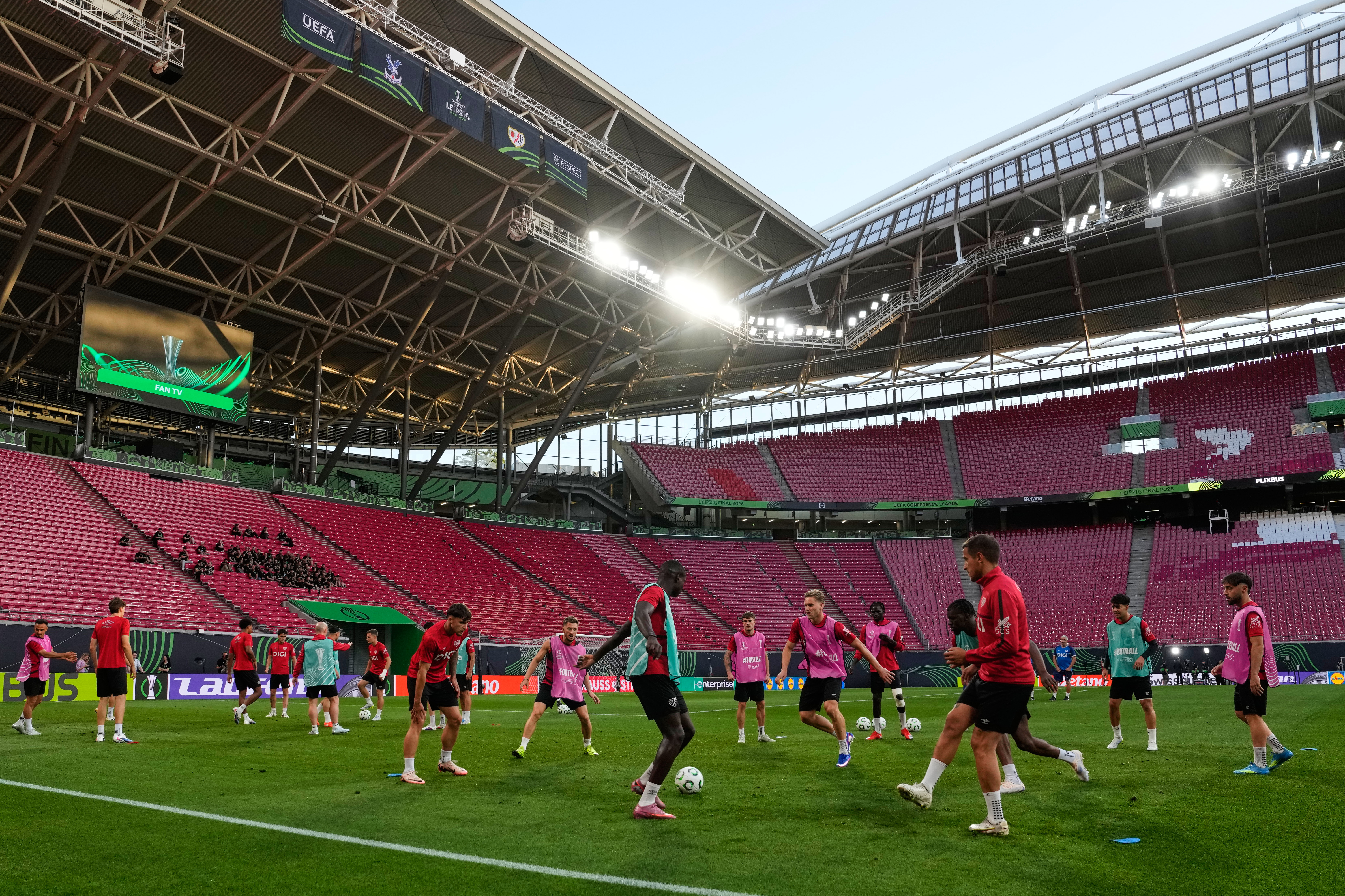 Rayo's players work out during a training session ahead of the Europa Conference League final soccer match between Crystal Palace and Rayo Vallecano in Leipzig, Germany, Tuesday, May 26, 2026. 