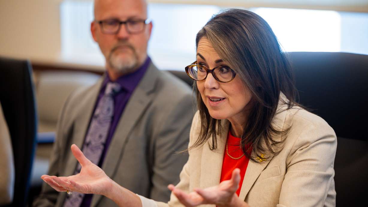 Utah Lt. Gov. Deidre Henderson, right, speaks during a roundtable to discuss the completion of the citizenship audit of Utah's voter registration rolls at the Capitol in Salt Lake City on Wednesday.