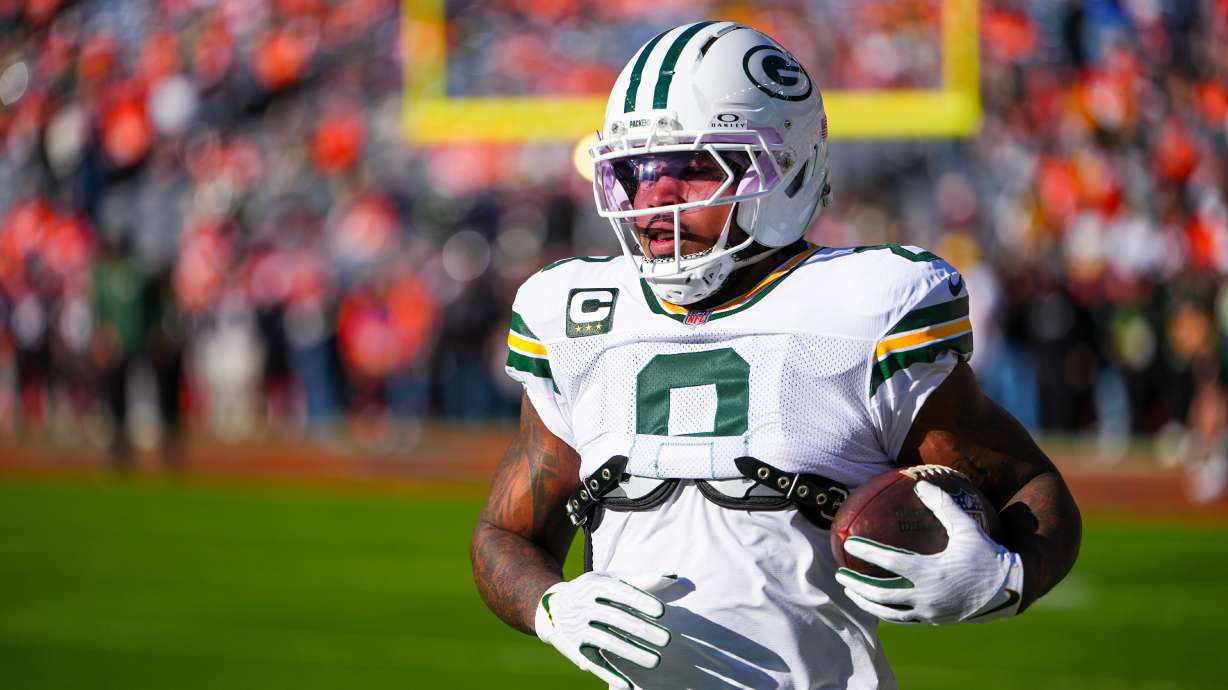 FILE - Green Bay Packers running back Josh Jacobs warms up before an NFL football game against the Denver Broncos, Dec. 14, 2025, in Denver.