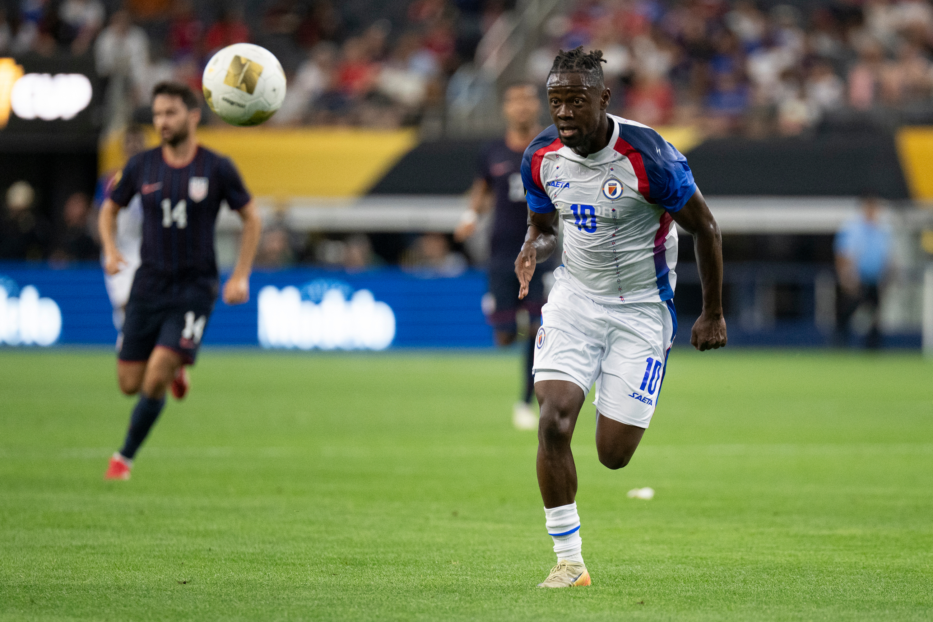 FILE - Haiti's Louicius Don Deedson (10) keeps an eye on the ball during a CONCACAF Gold Cup soccer match against the United States Sunday, June 22, 2025, in Arlington, Texas.